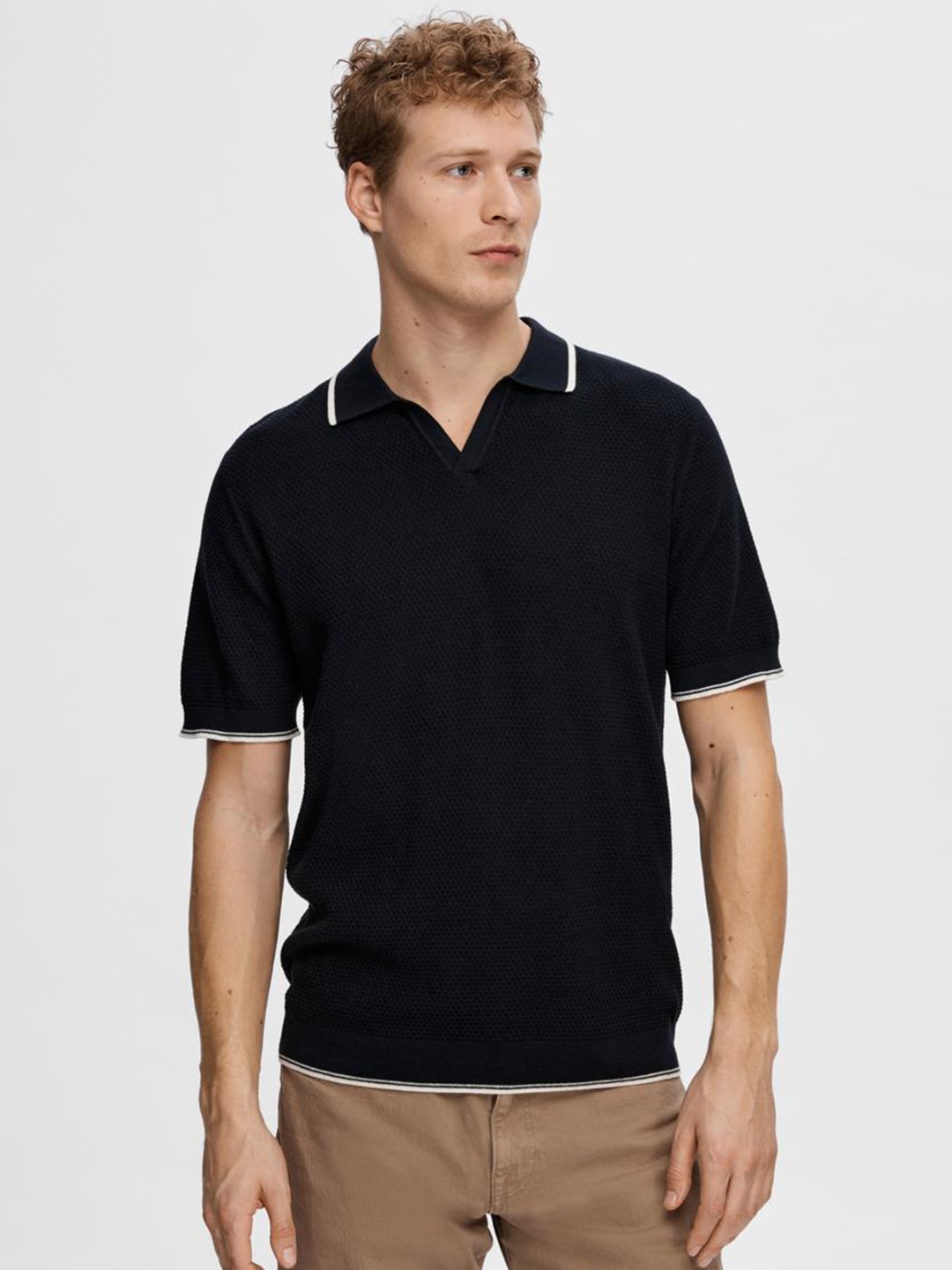 

SELECTED Polo Collar Short Sleeves Cotton Knitted Tshirt, Navy blue