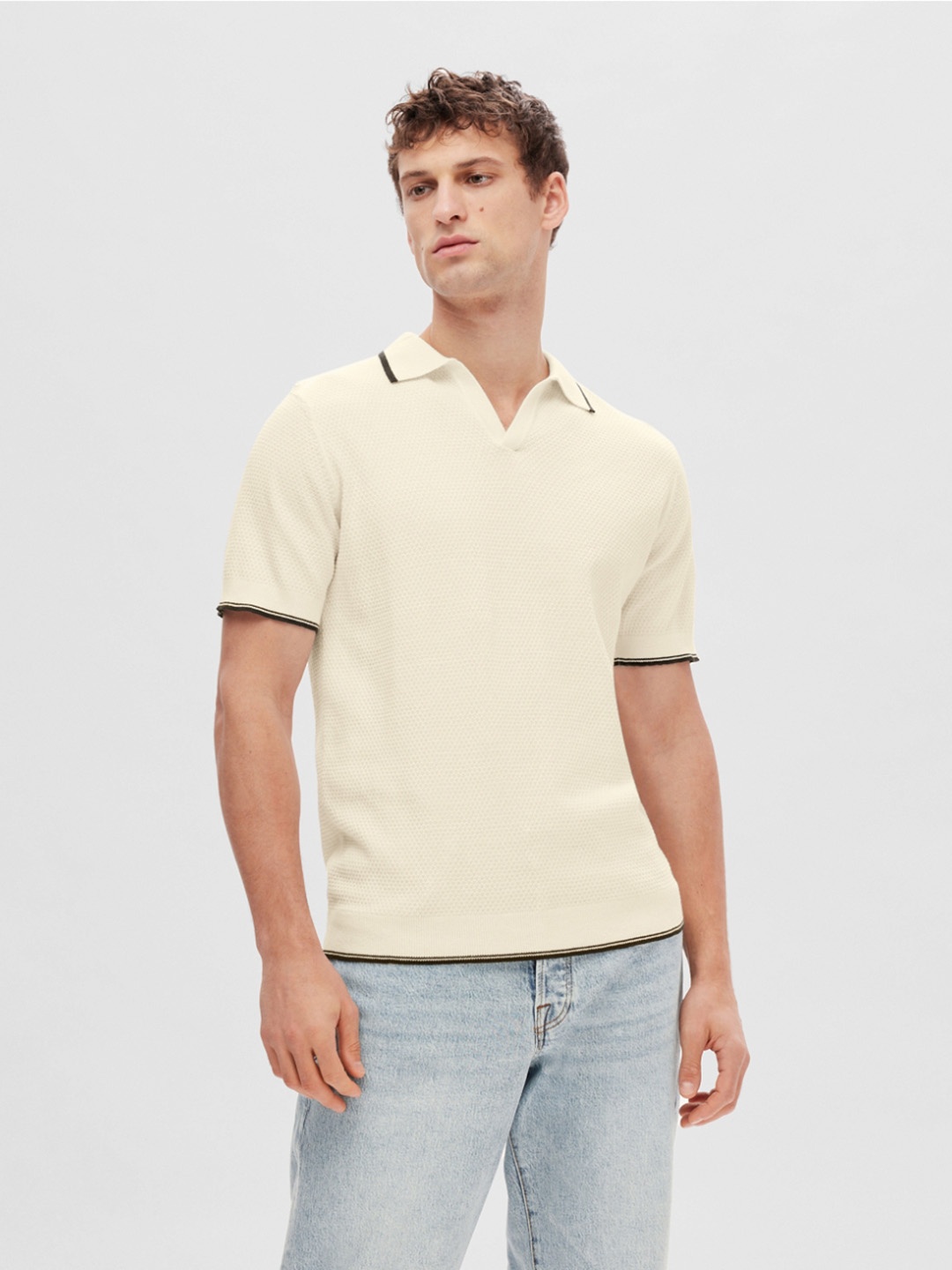 

SELECTED Self Design Polo Collar Short Sleeves Cotton Knitted T-shirt, Off white