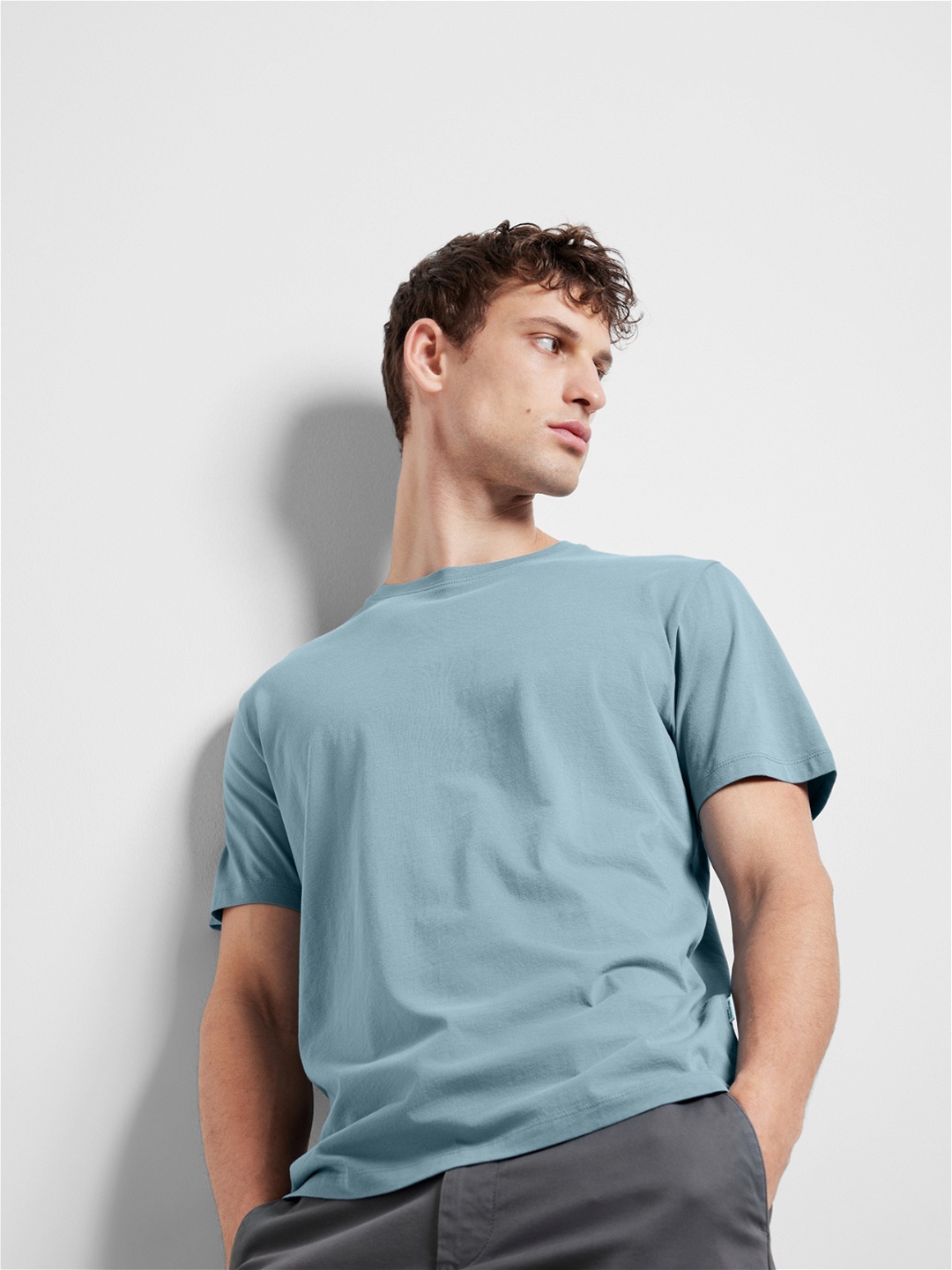 

SELECTED Round Neck Cotton Slim Fit Knitted T-shirt, Blue