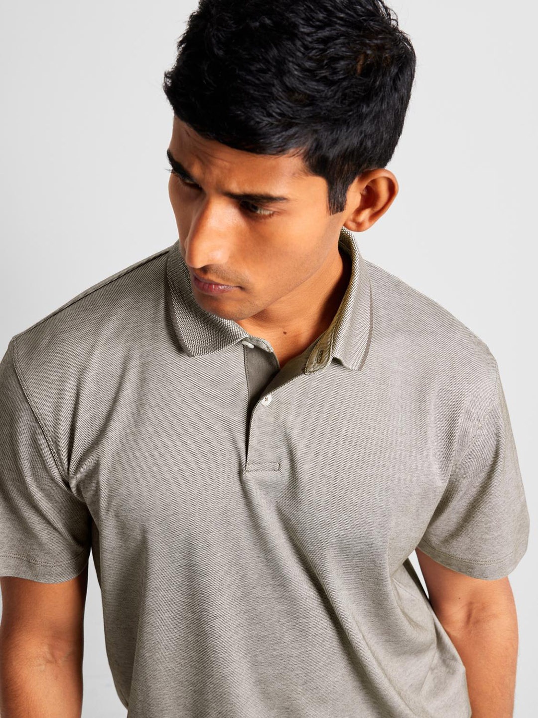 

SELECTED Polo Collar Short Sleeves Cotton Slim Fit Knitted T-shirt, Grey