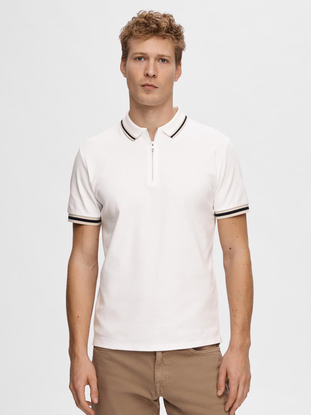 

SELECTED Zip-Up Polo Collar Cotton Slim Fit Knitted T-shirt, White