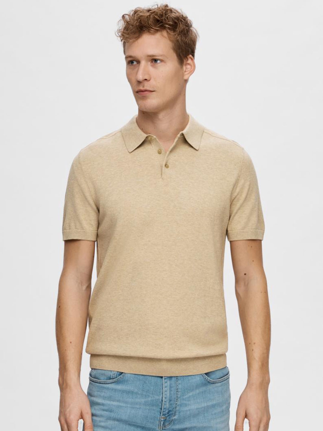 

SELECTED Polo Collar Short Sleeves Cotton Knitted Tshirts, Beige