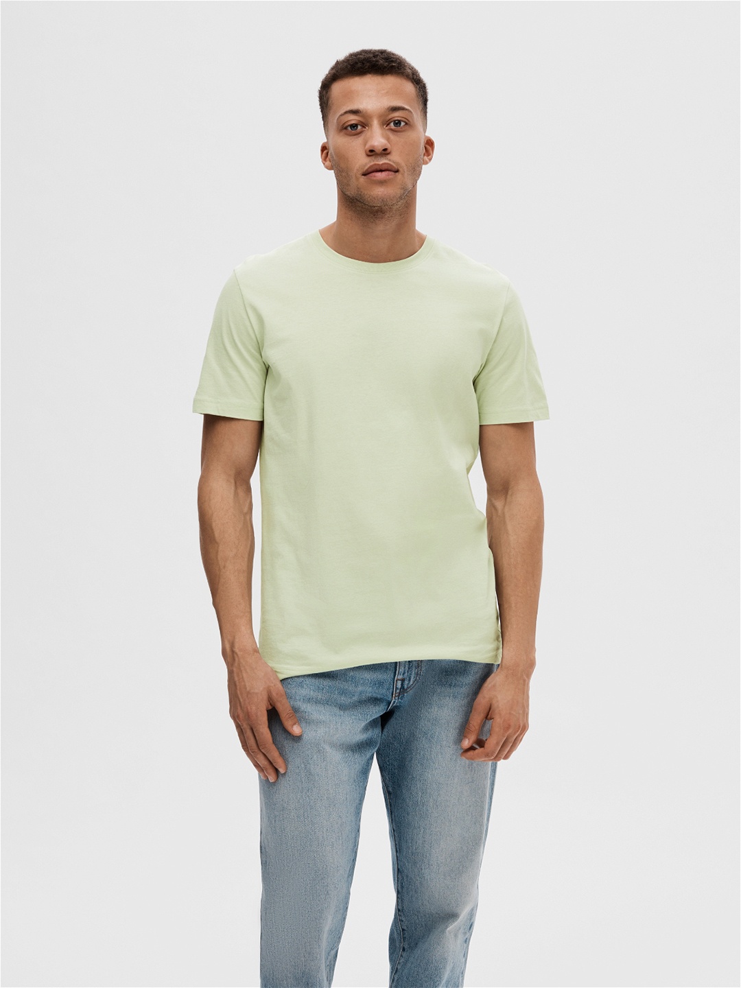 

SELECTED Round Neck Cotton Slim Fit Knitted T-shirt, Green