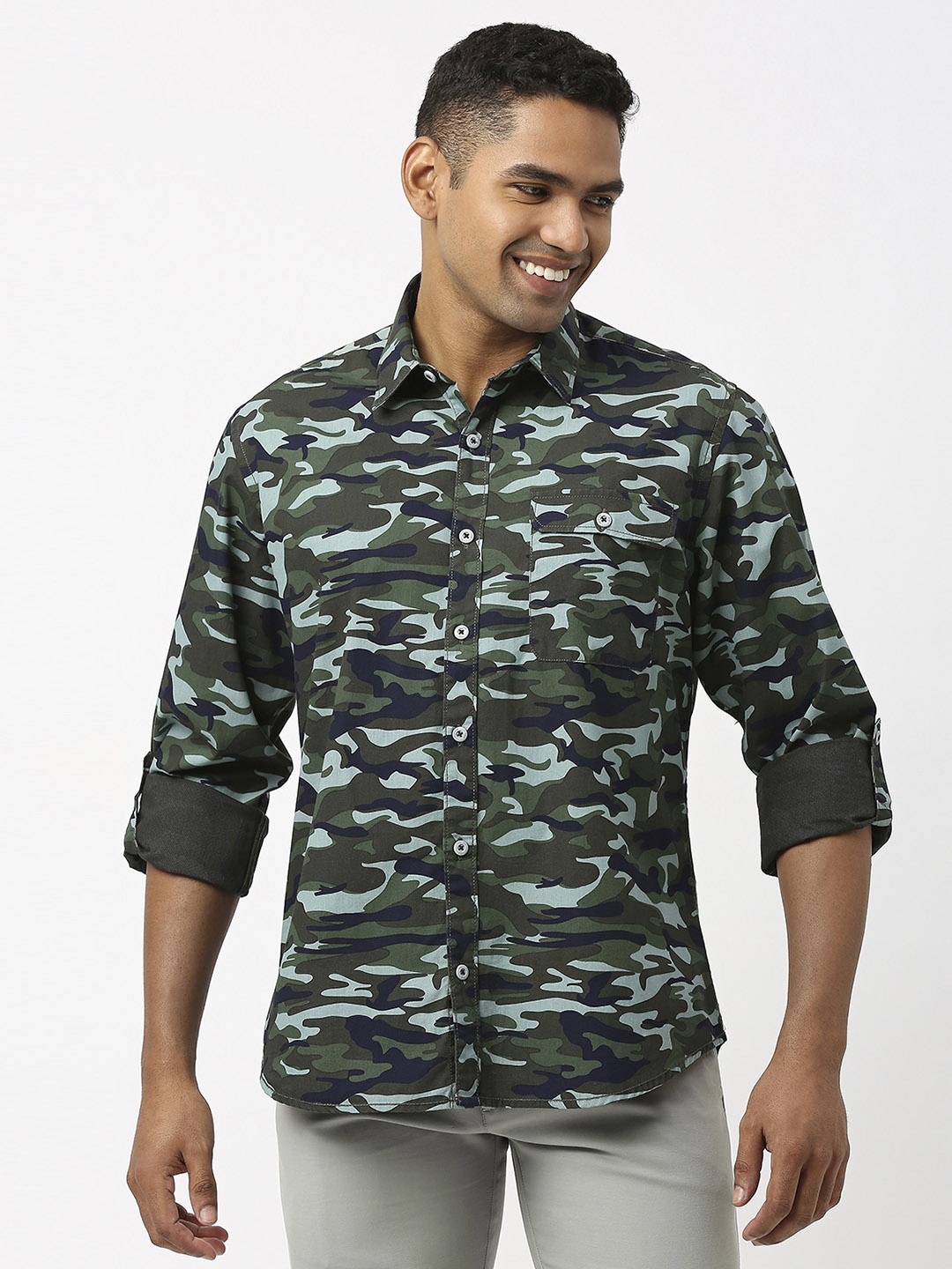 

USMC India Slim Camouflage Printed Spread Collar Long Sleeves Slim Fit Casual Shirt, Green