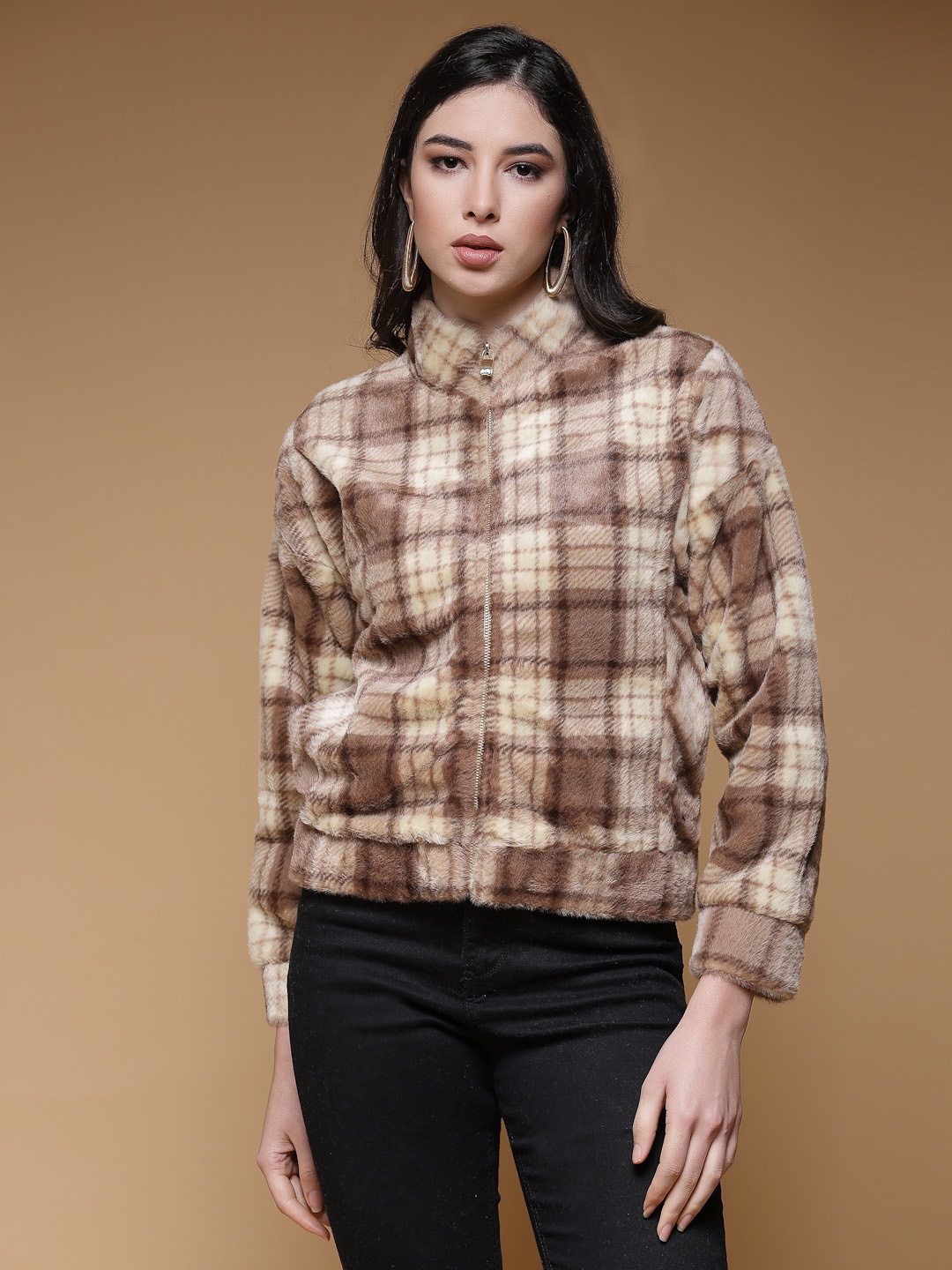 

Juelle Checked Printed Shirt Collar Front-Open Wool Sweatshirt, Beige