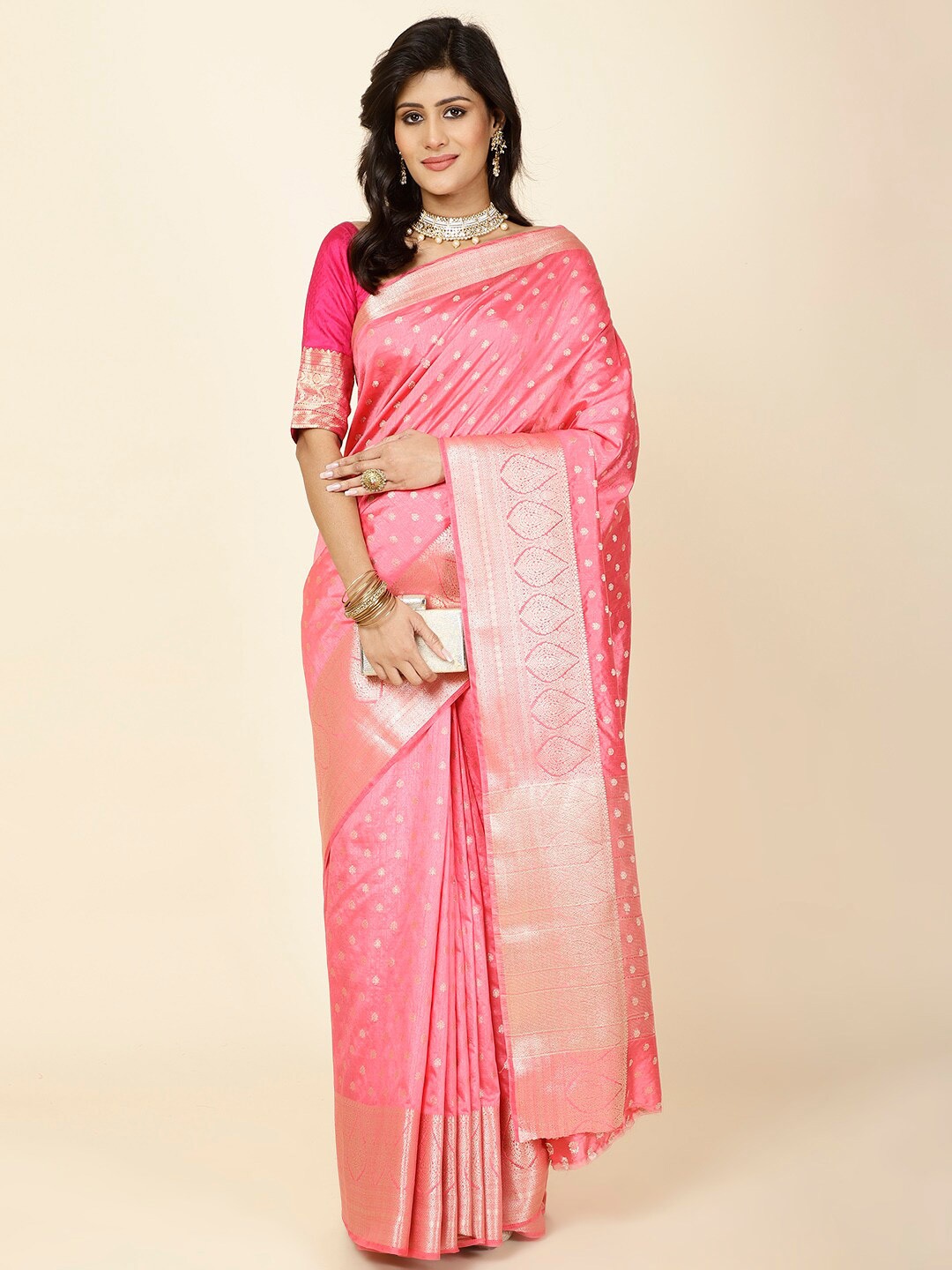 

Meena Bazaar Floral Woven Design Zari Saree, Pink