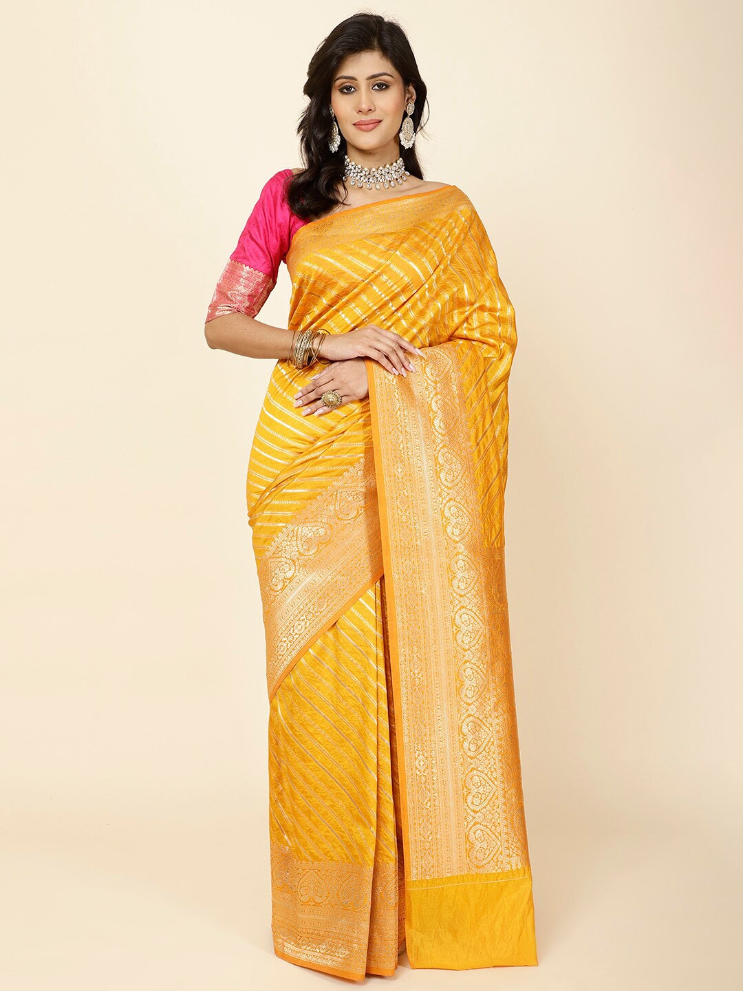 

Meena Bazaar Woven Design Zari Art Silk Saree, Mustard