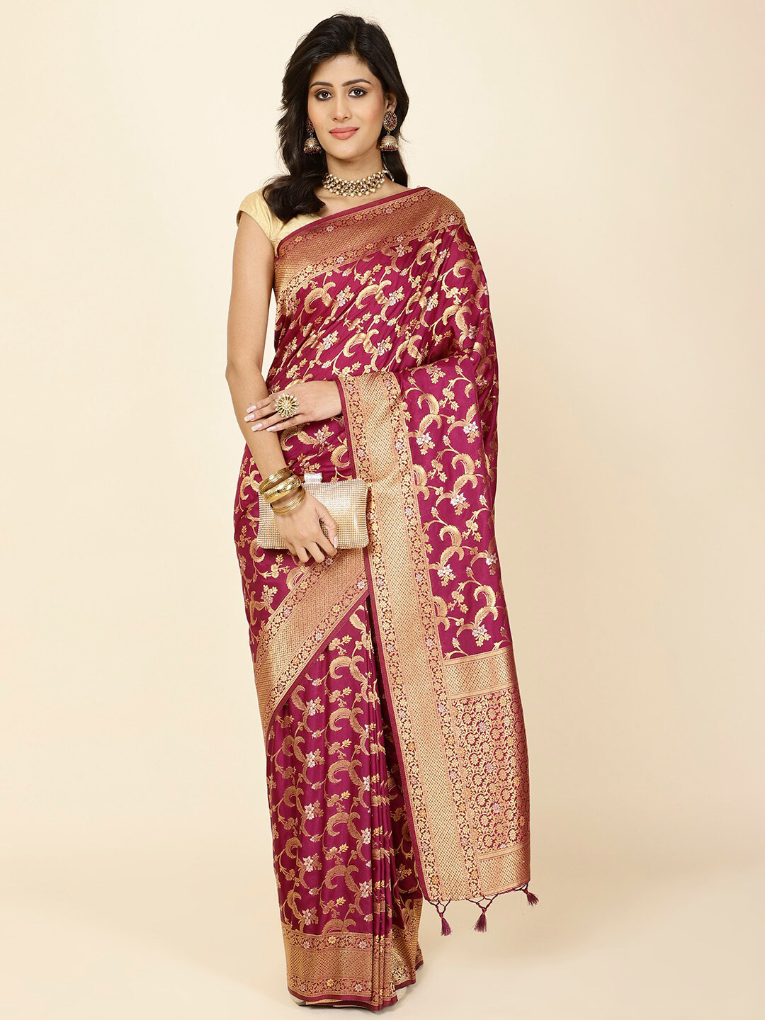 

Meena Bazaar Woven Design Floral Zari Art Silk Saree, Burgundy