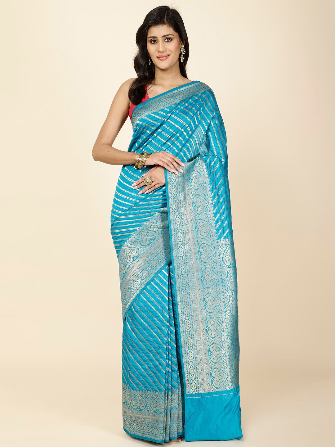 

Meena Bazaar Ethnic Motifs Woven Design Zari Saree, Blue