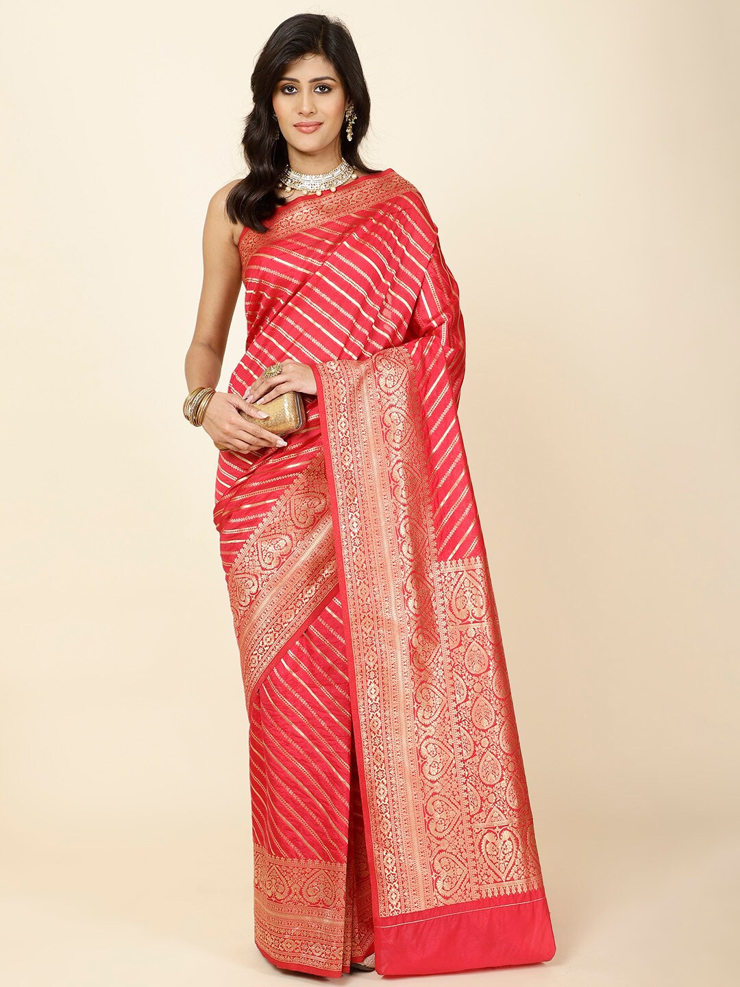 

Meena Bazaar Woven Design Striped Zari Saree, Red
