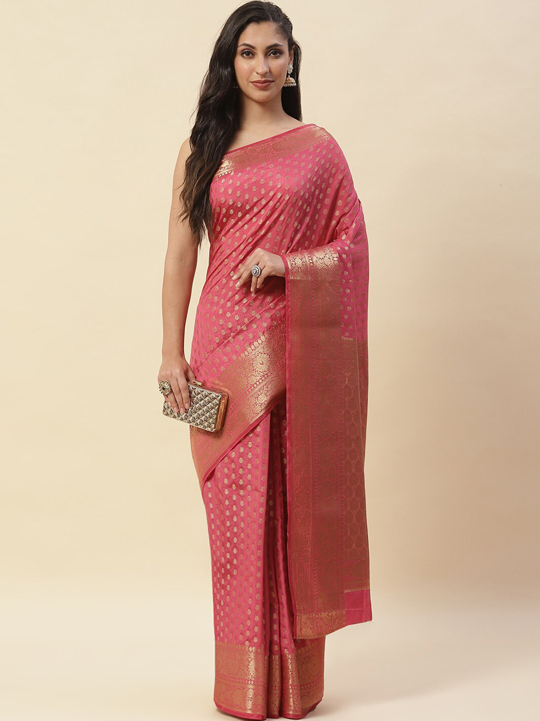 

Meena Bazaar Woven Design Ethnic Motifs Zari Saree, Pink
