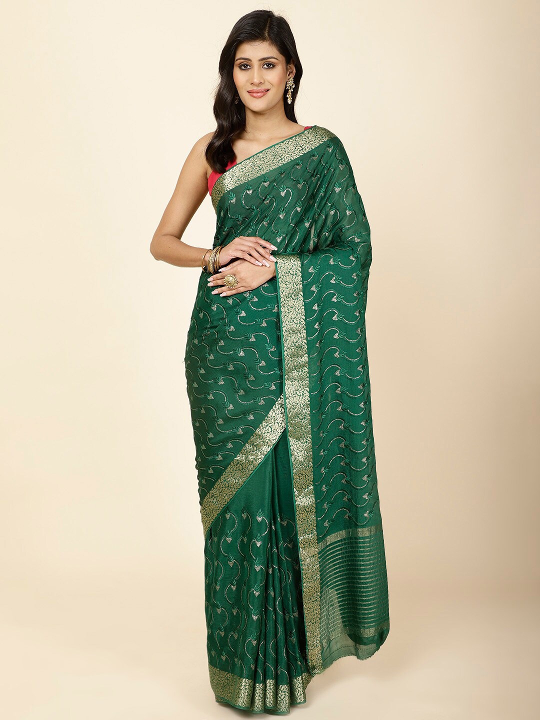 

Meena Bazaar Floral Embroidered Saree, Green