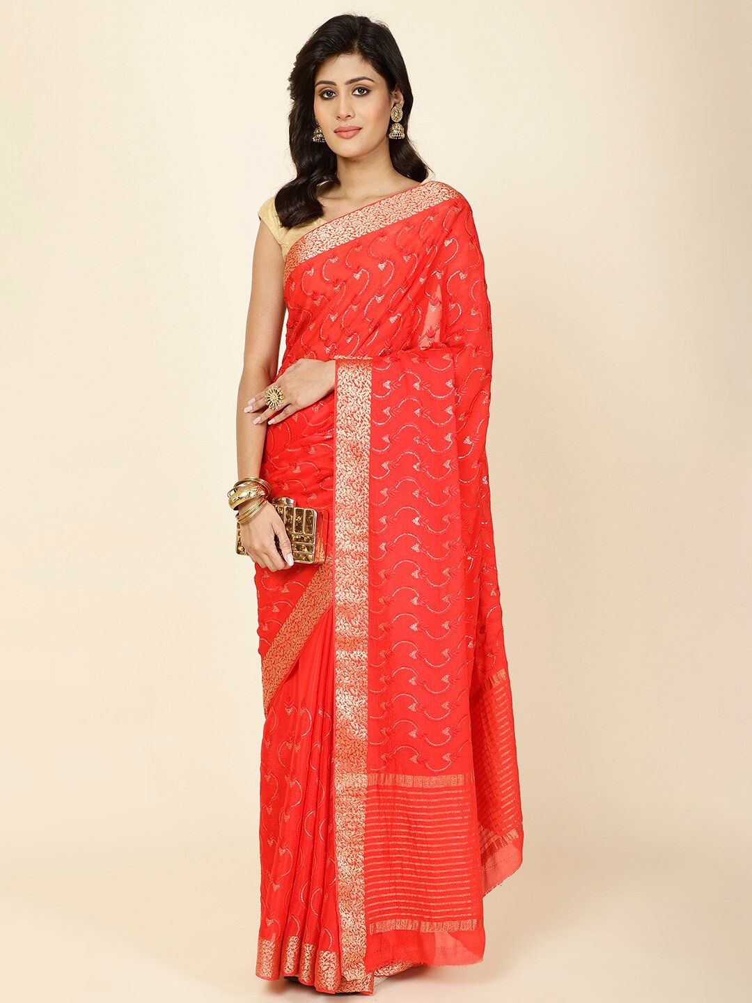 

Meena Bazaar Floral Embroidered Zari Saree, Red