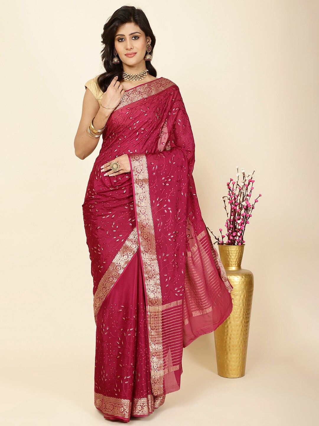 

Meena Bazaar Floral Embroidered Zari Saree, Burgundy