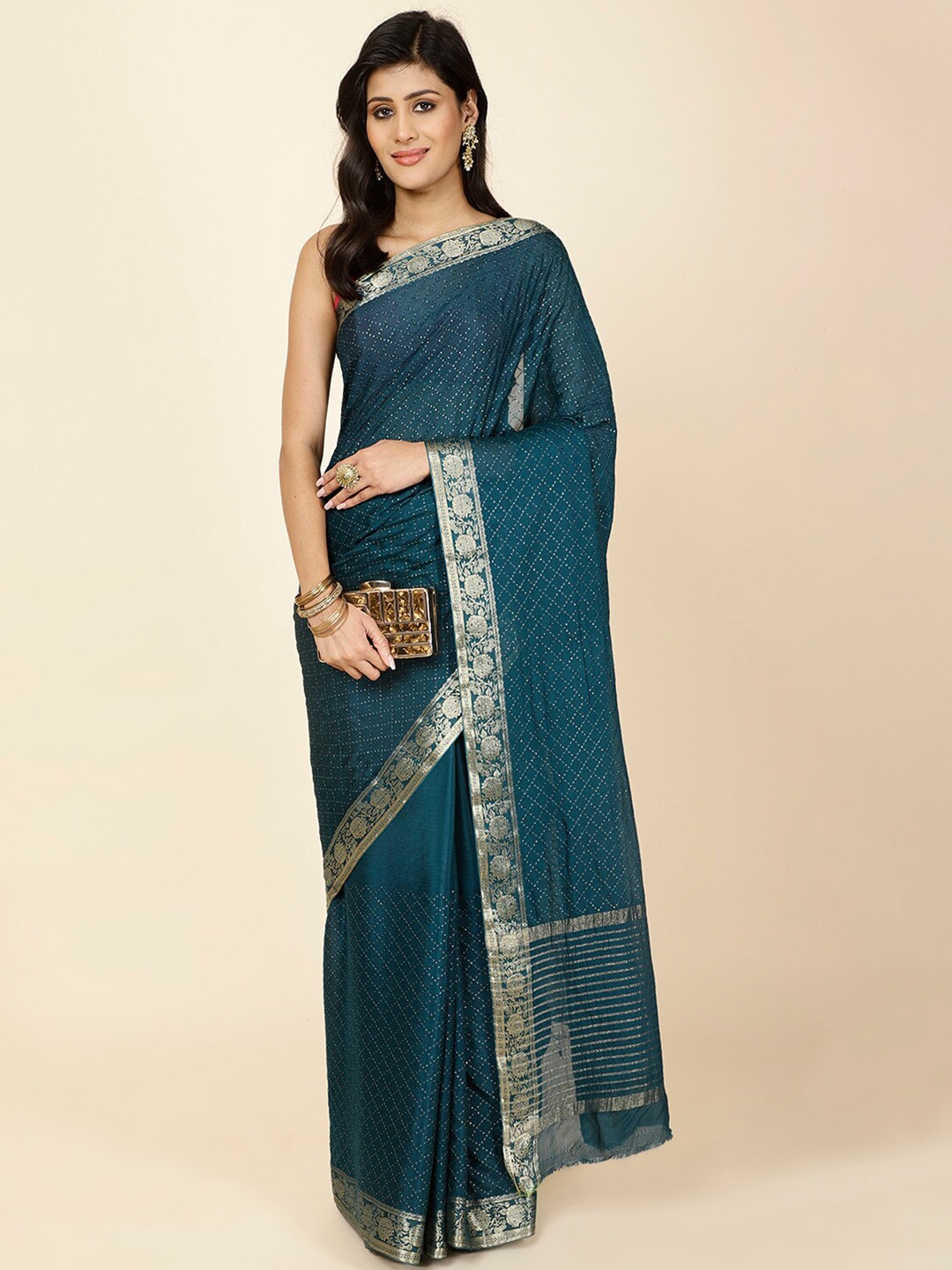 

Meena Bazaar Embellished Zari Saree, Blue