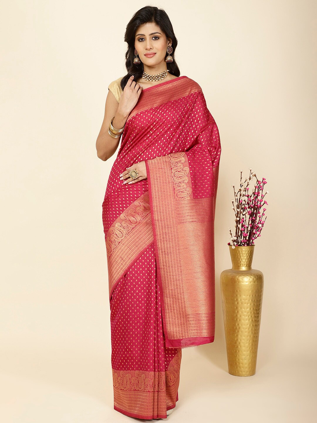 

Meena Bazaar Woven Design Polka Dots Zari Art Silk Saree, Burgundy