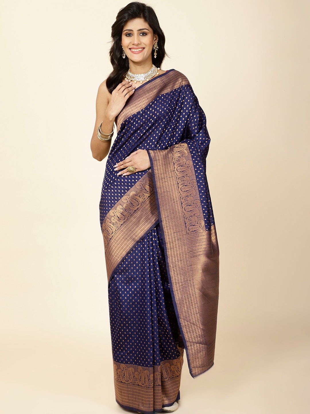 

Meena Bazaar Ethnic Motifs Woven Design Zari Saree, Navy blue