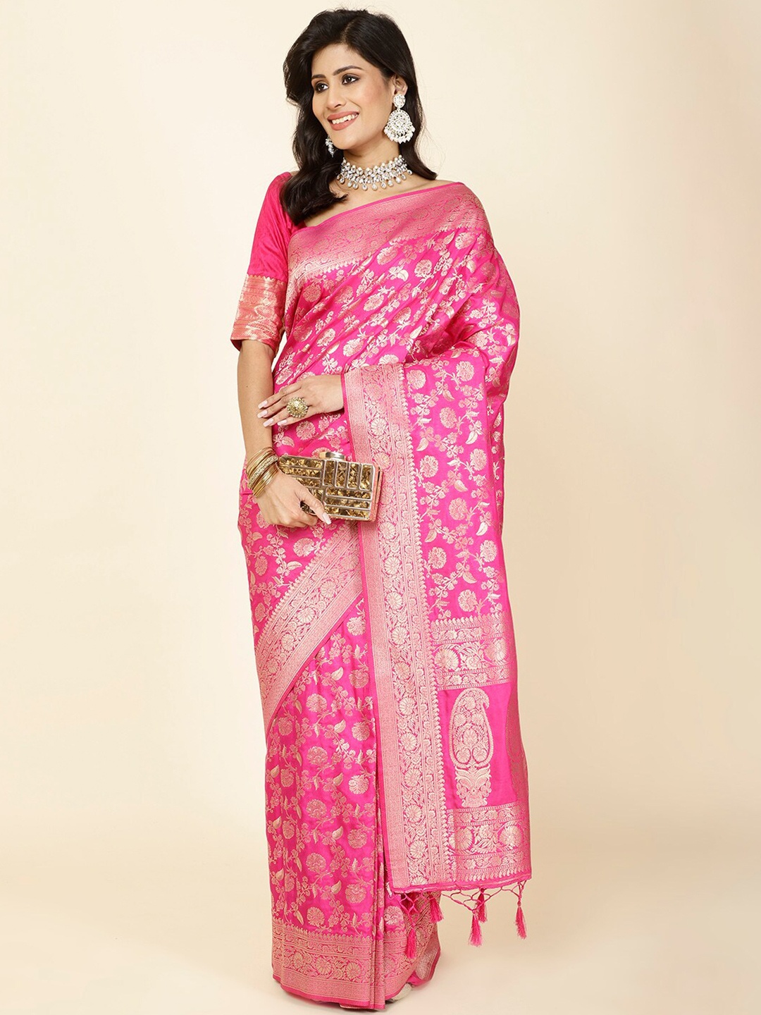 

Meena Bazaar Woven Design Floral Zari Art Silk Saree, Pink