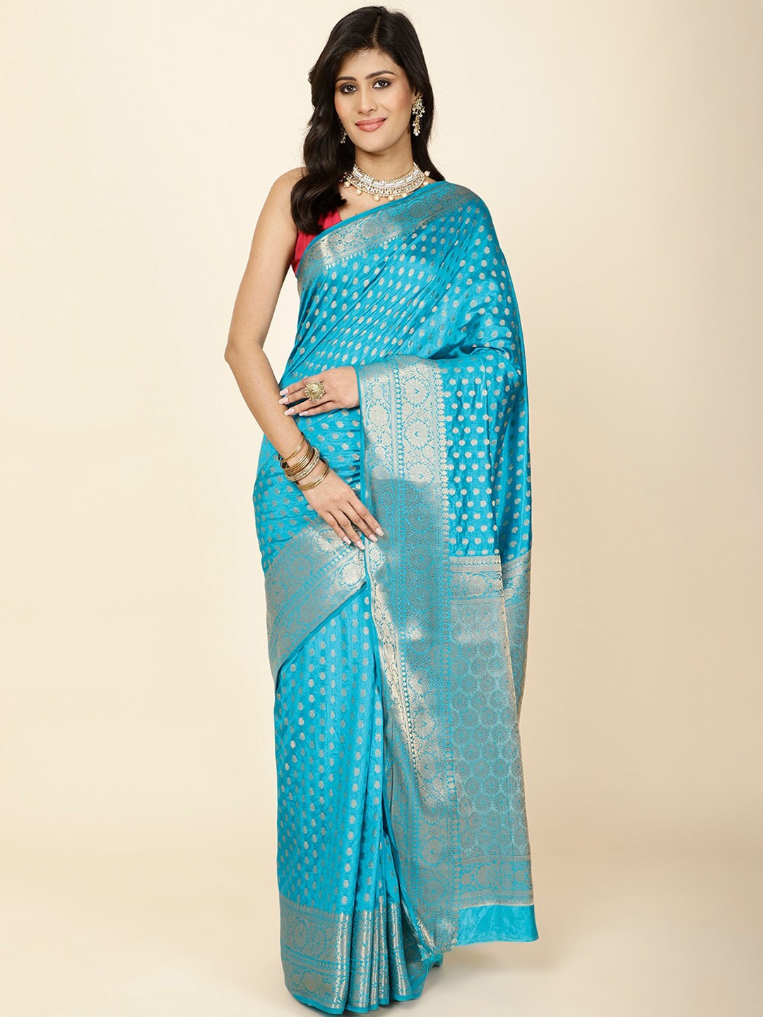 

Meena Bazaar Ethnic Motifs Woven Design Zari Saree, Blue