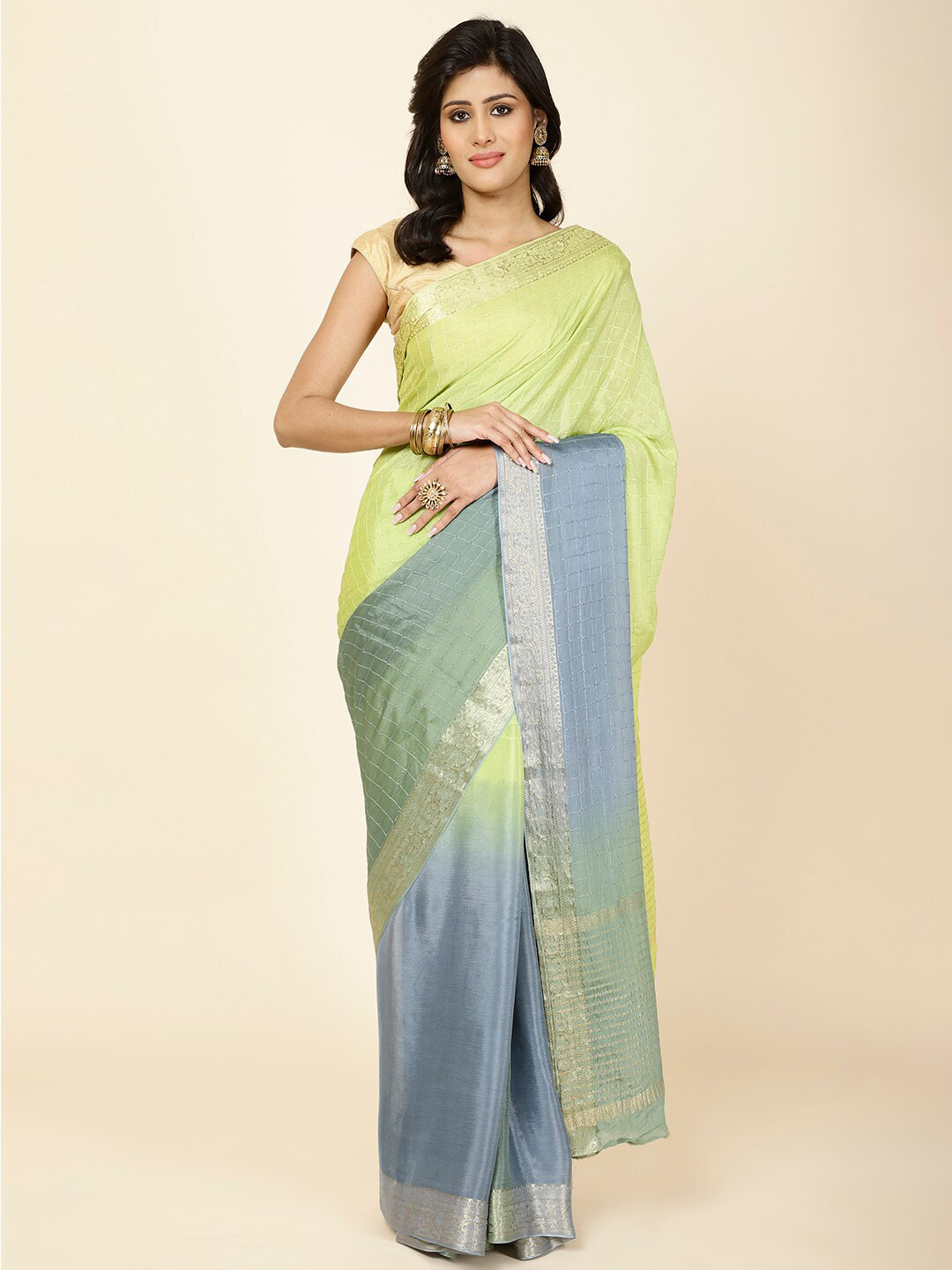 

Meena Bazaar Checks Embroidered Zari Saree, Green