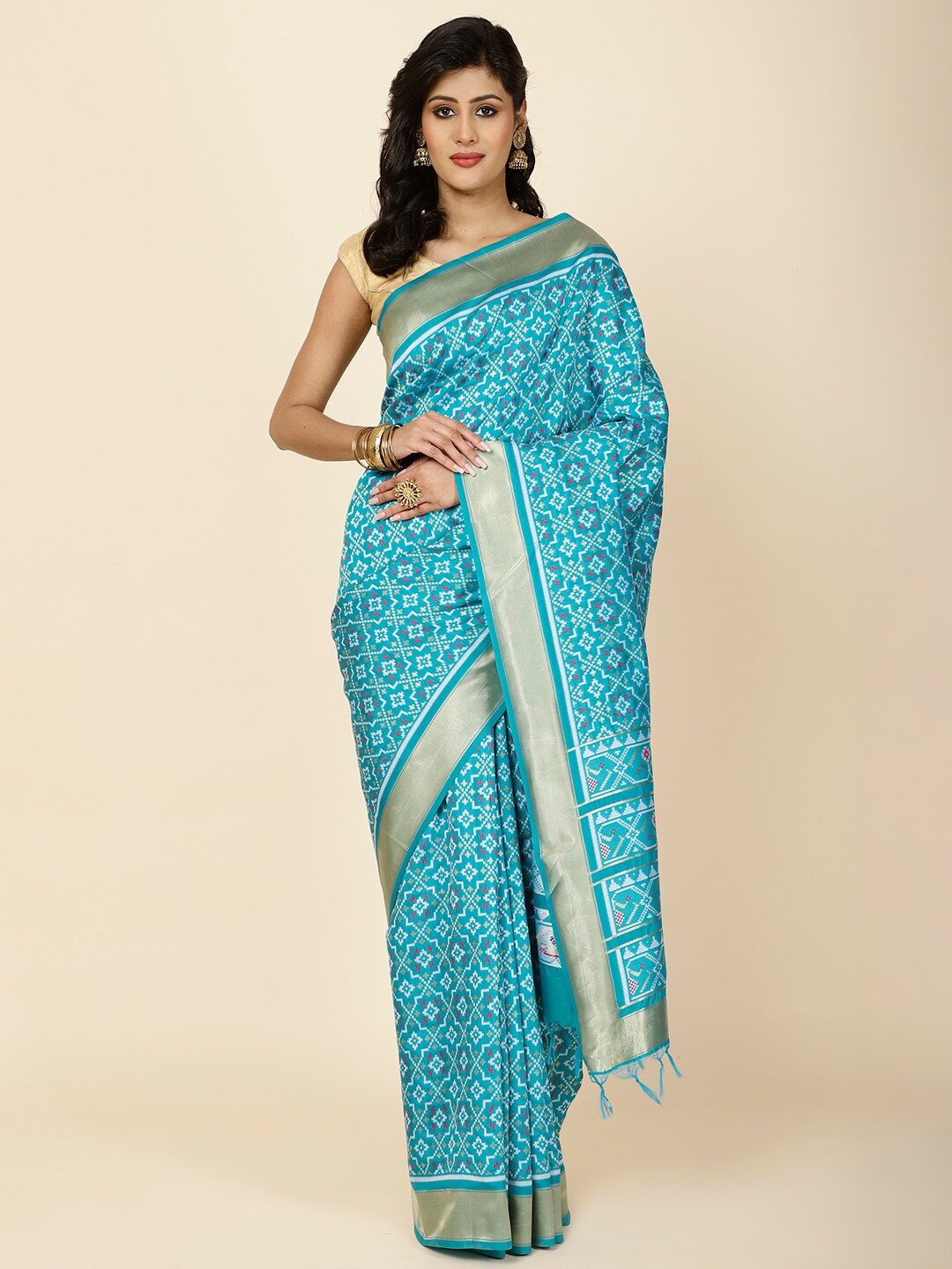 

Meena Bazaar Woven Design Ethnic Motifs Zari Saree With Tassels, Blue