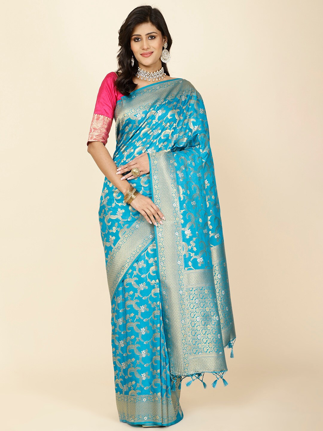 

Meena Bazaar Floral Woven Design Zari Saree, Blue