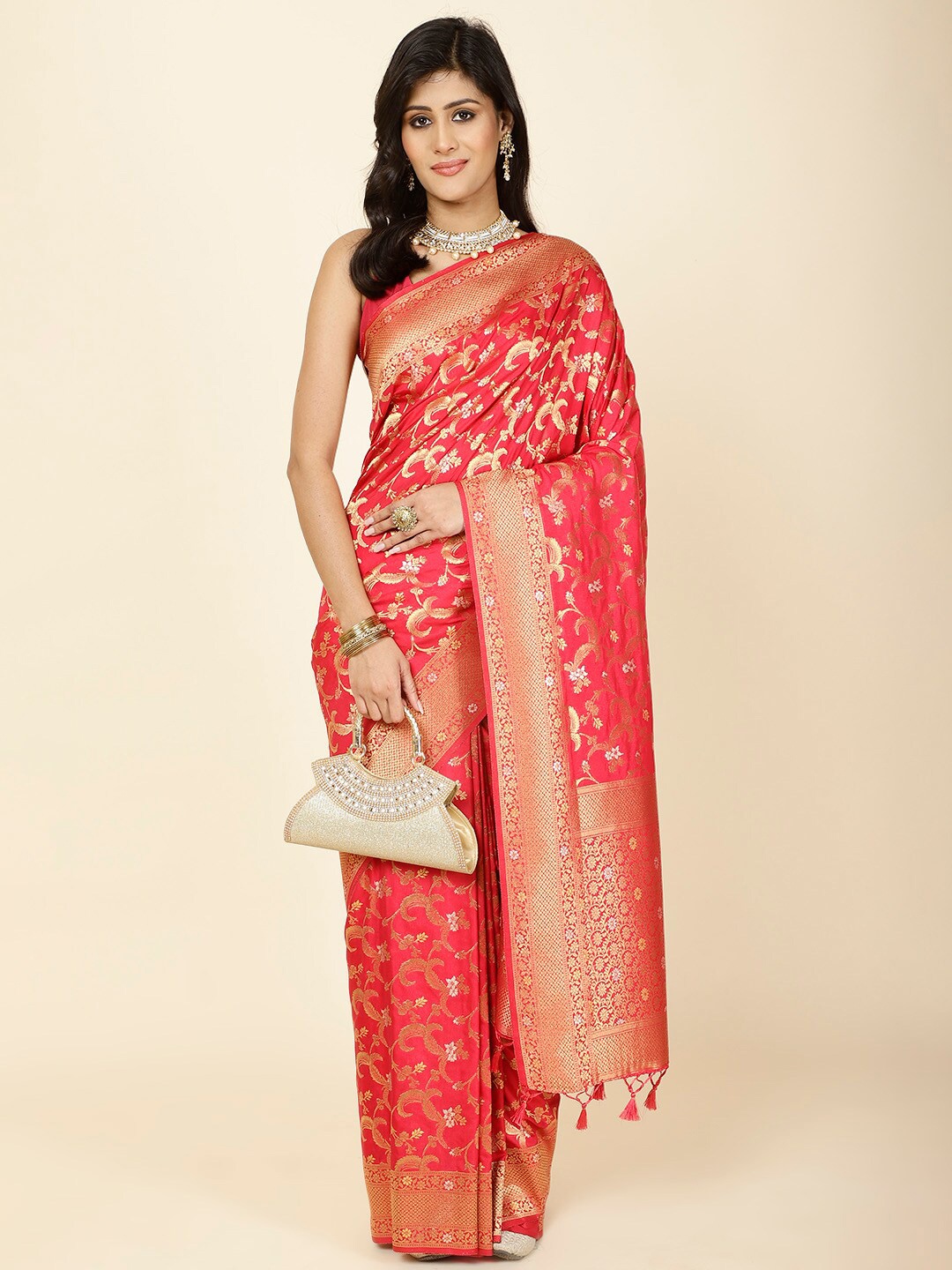 

Meena Bazaar Woven Design Ethnic Motifs Zari Saree With Tassels, Pink
