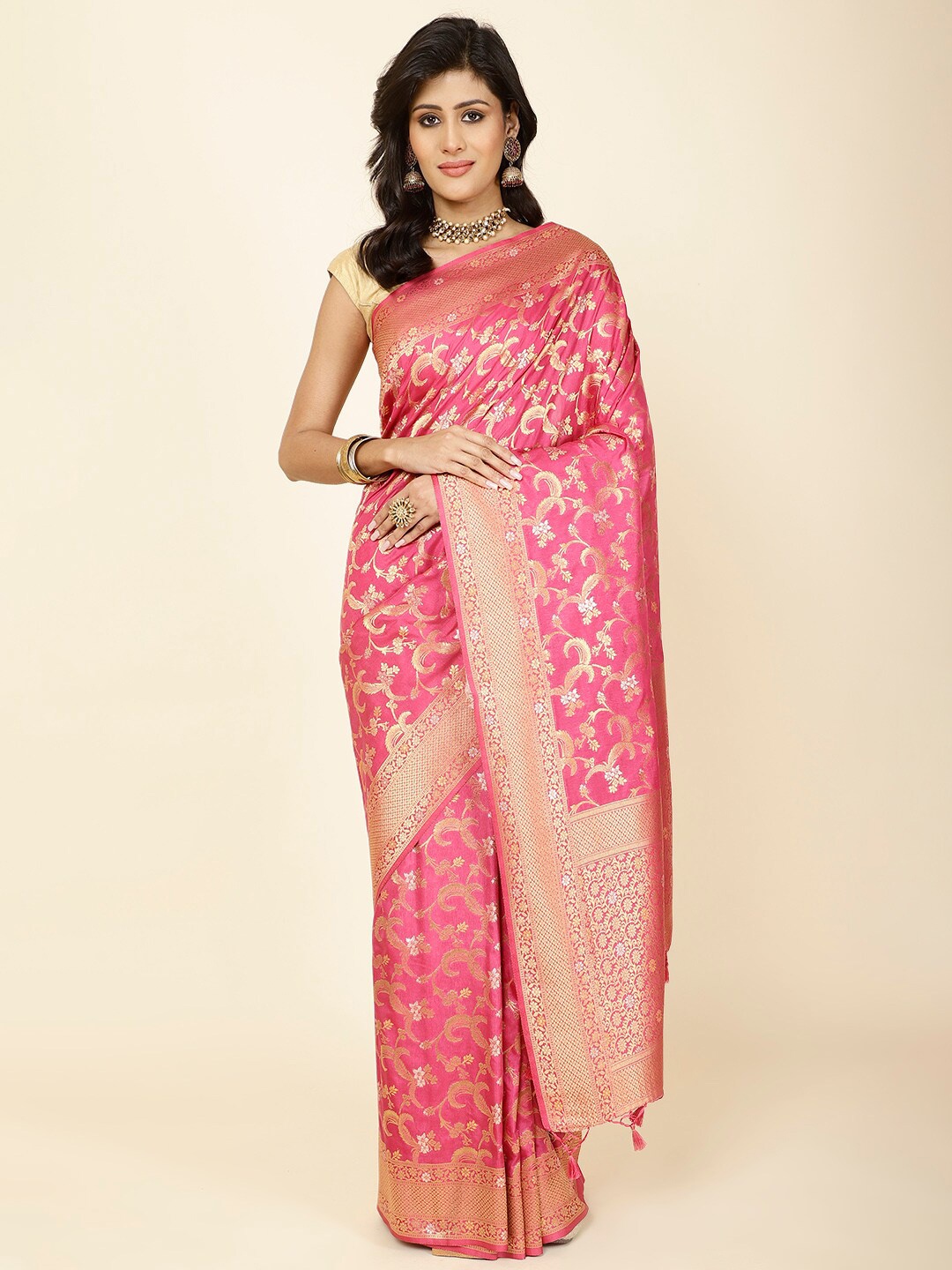 

Meena Bazaar Woven Design Ethnic Motifs Zari Saree With Tassels, Magenta