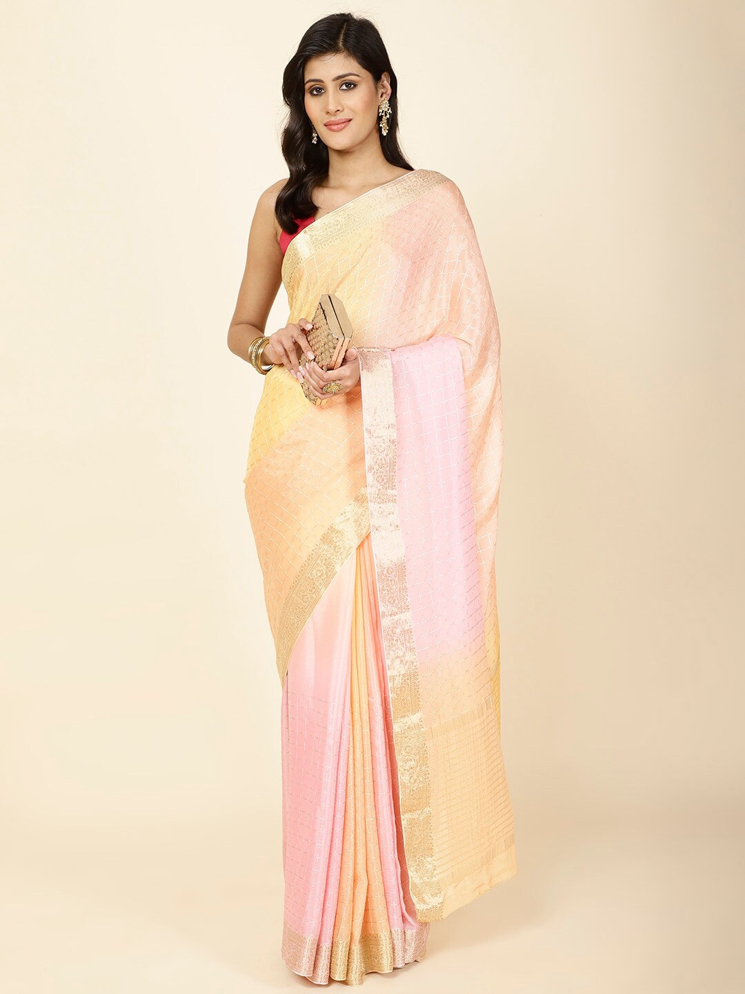 

Meena Bazaar Checked Embroidered Zari Saree, Pink