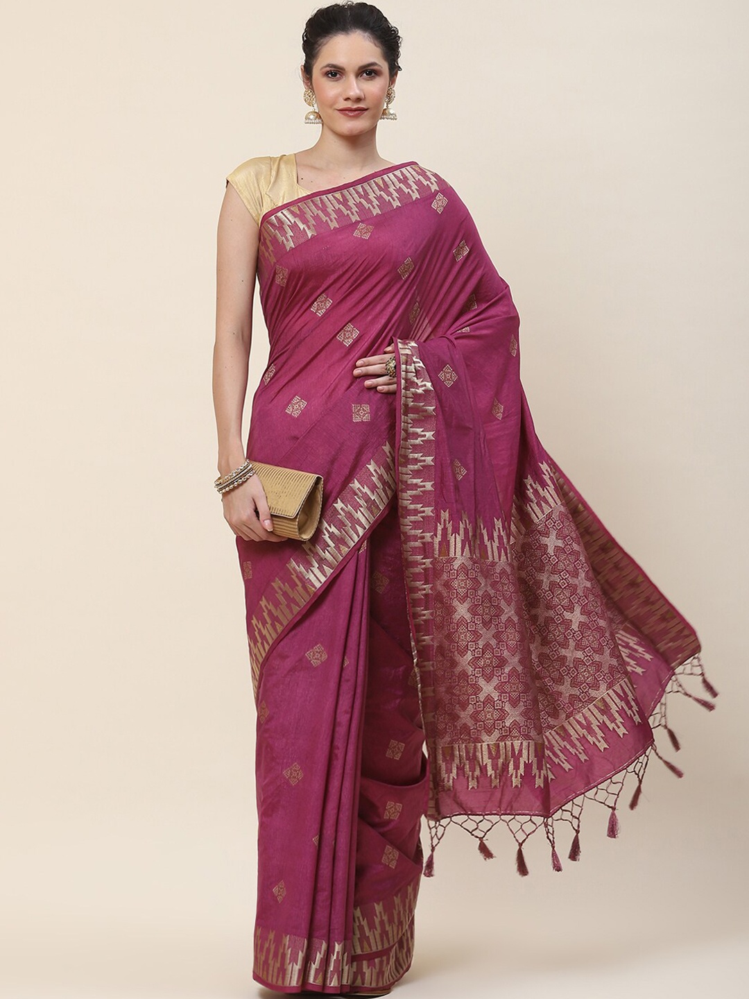 

Meena Bazaar Woven Design Ethnic Motifs Zari Saree With Tassels, Purple