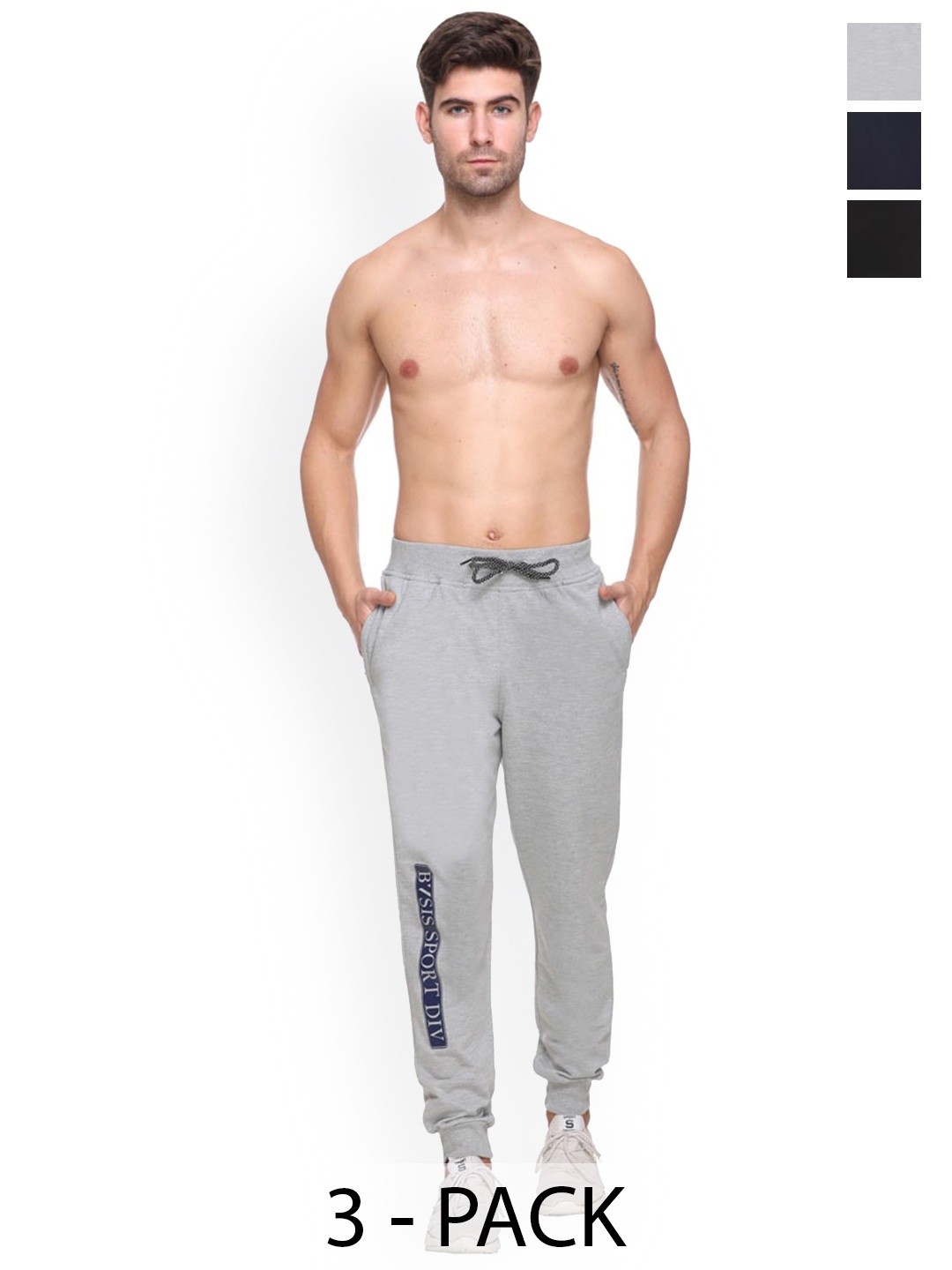 

BASIS Men Pack Of 3 Cotton Mid-Rise Joggers, Grey