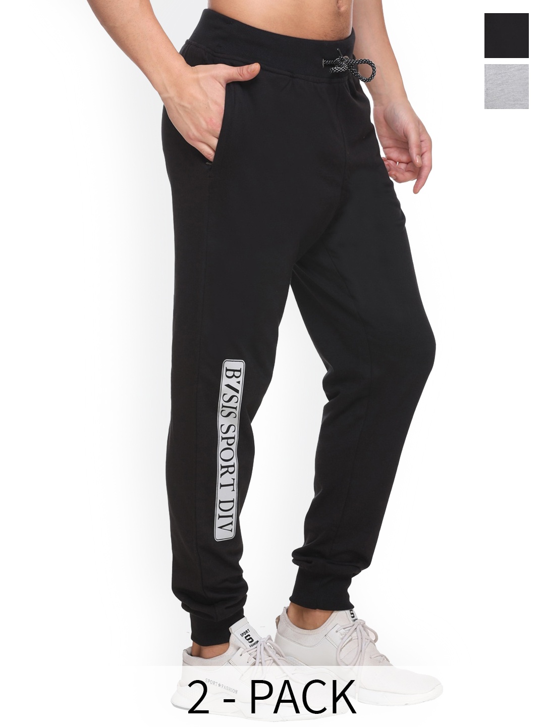 

BASIS Men Pack Of 2 Cotton Mid Rise Joggers, Black