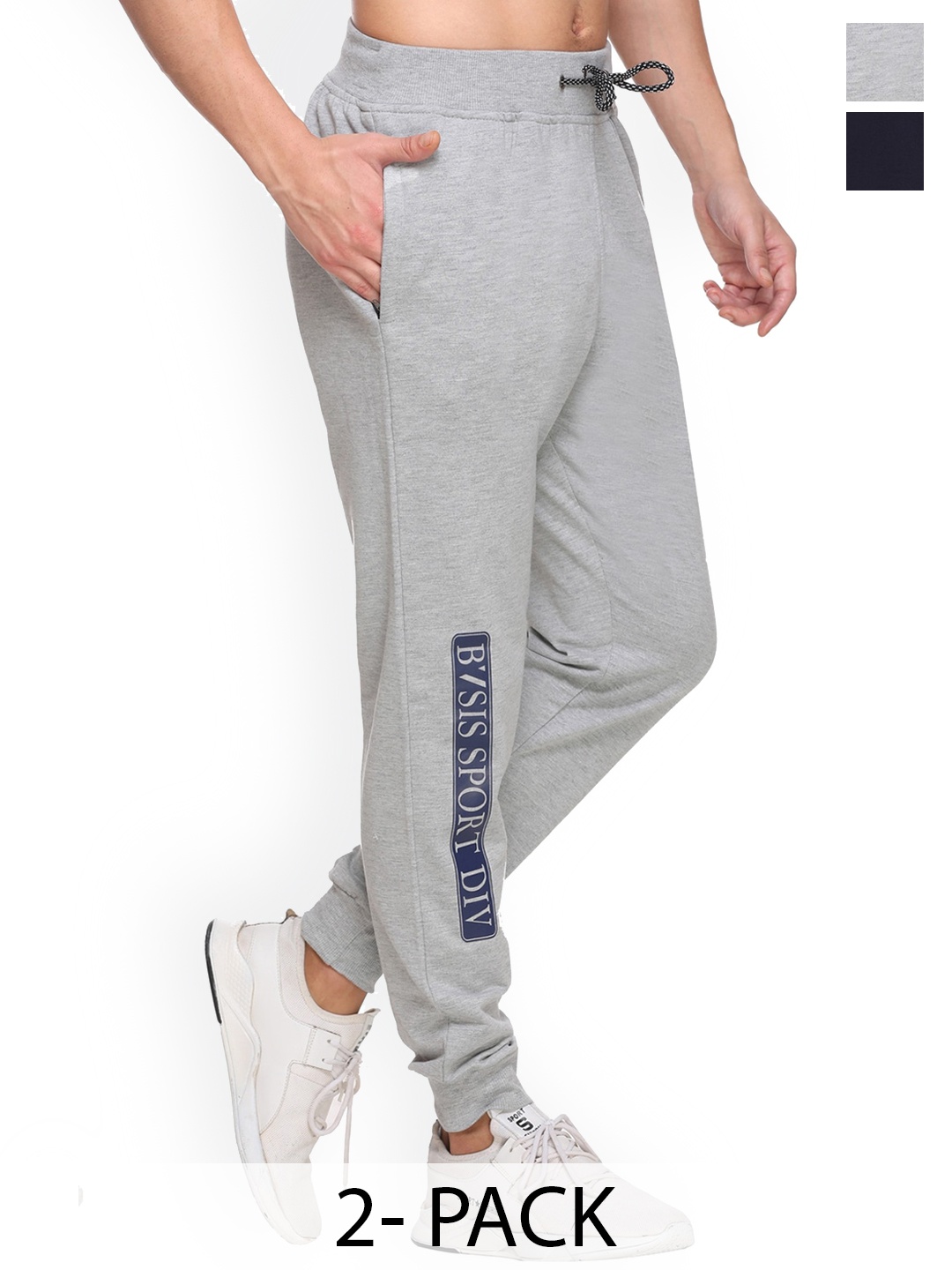 

BASIS Sports Men Pack Of 2 Moisture Wicking Cotton Mid Rise Joggers, Grey