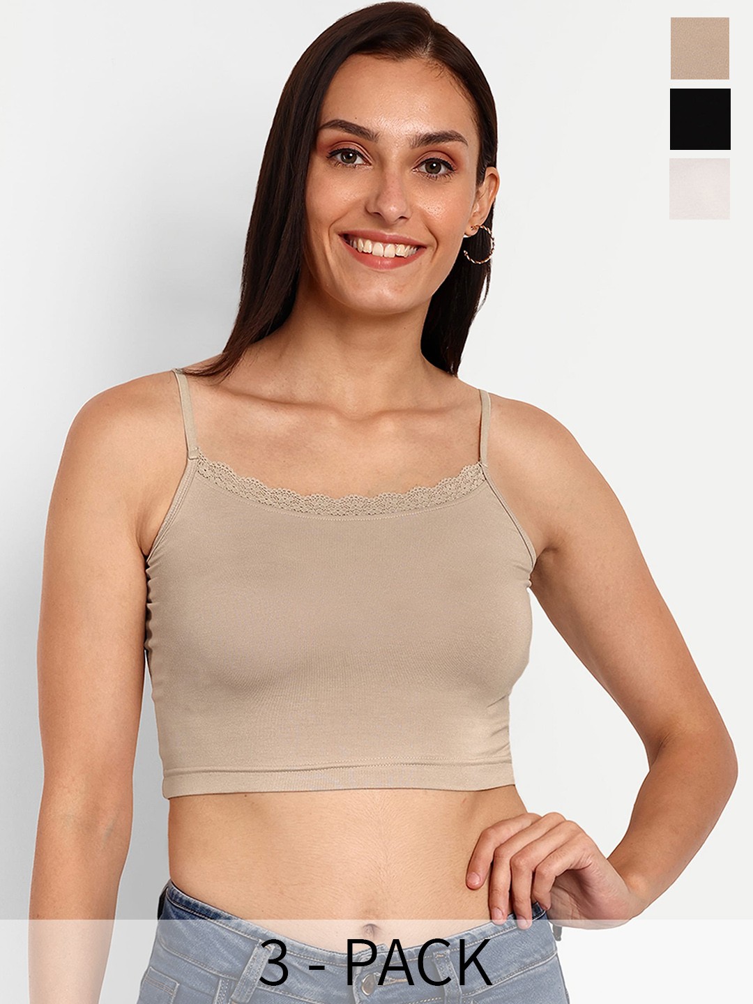 

Espresso Pack Of 3 Non Padded Ultra-Soft Crop Camisoles, Beige