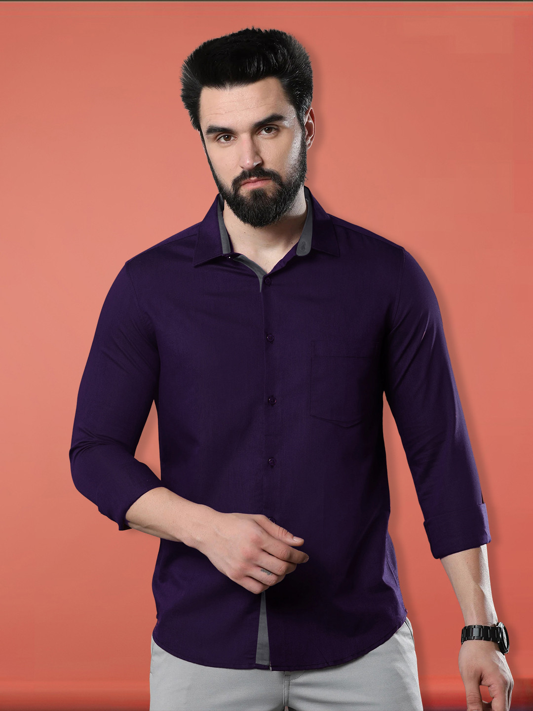 

1 Stop Fashion Standard Cotton Spread Collar Roll-Up Sleeves Opaque Casual Shirt, Blue