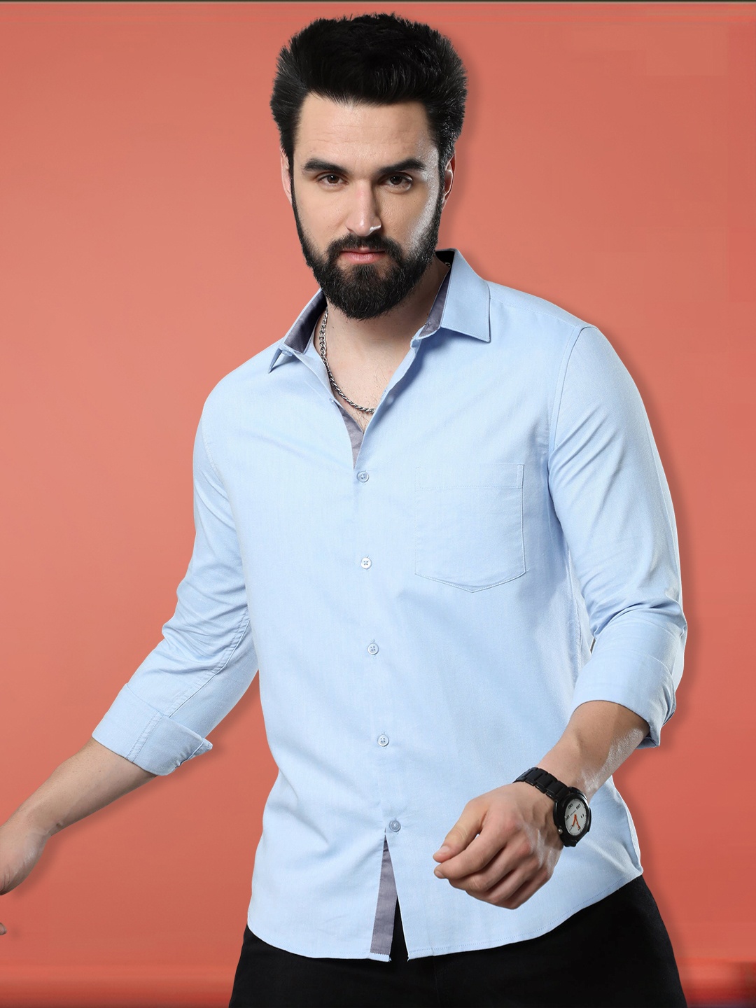 

1 Stop Fashion Spread Collar Regular Fit Cotton Standard Opaque Casual Shirt, Blue