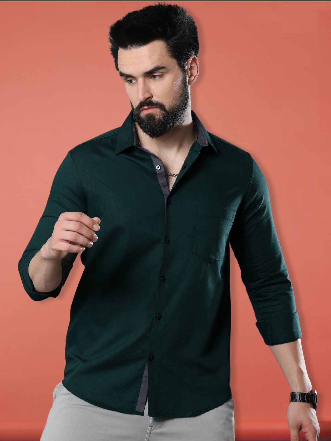 

1 Stop Fashion Spread Collar Regular Fit Cotton Standard Opaque Formal Shirt, Green