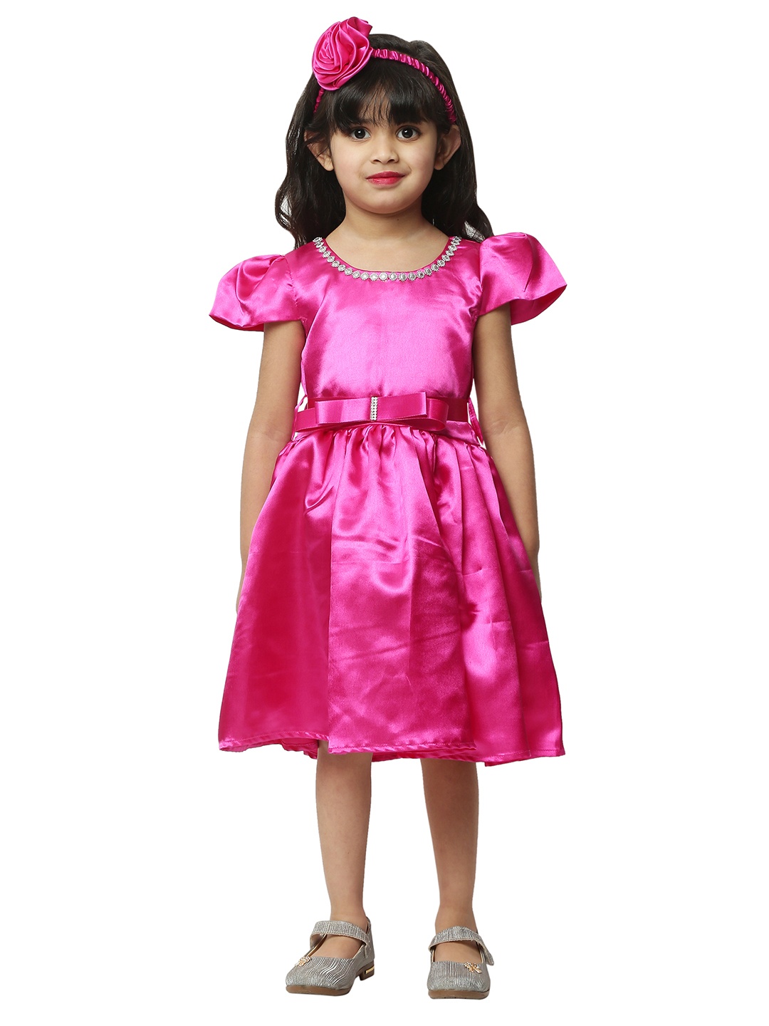 

BAESD Round Neck Short Cap Sleeves Satin Fit & Flare Dress, Pink