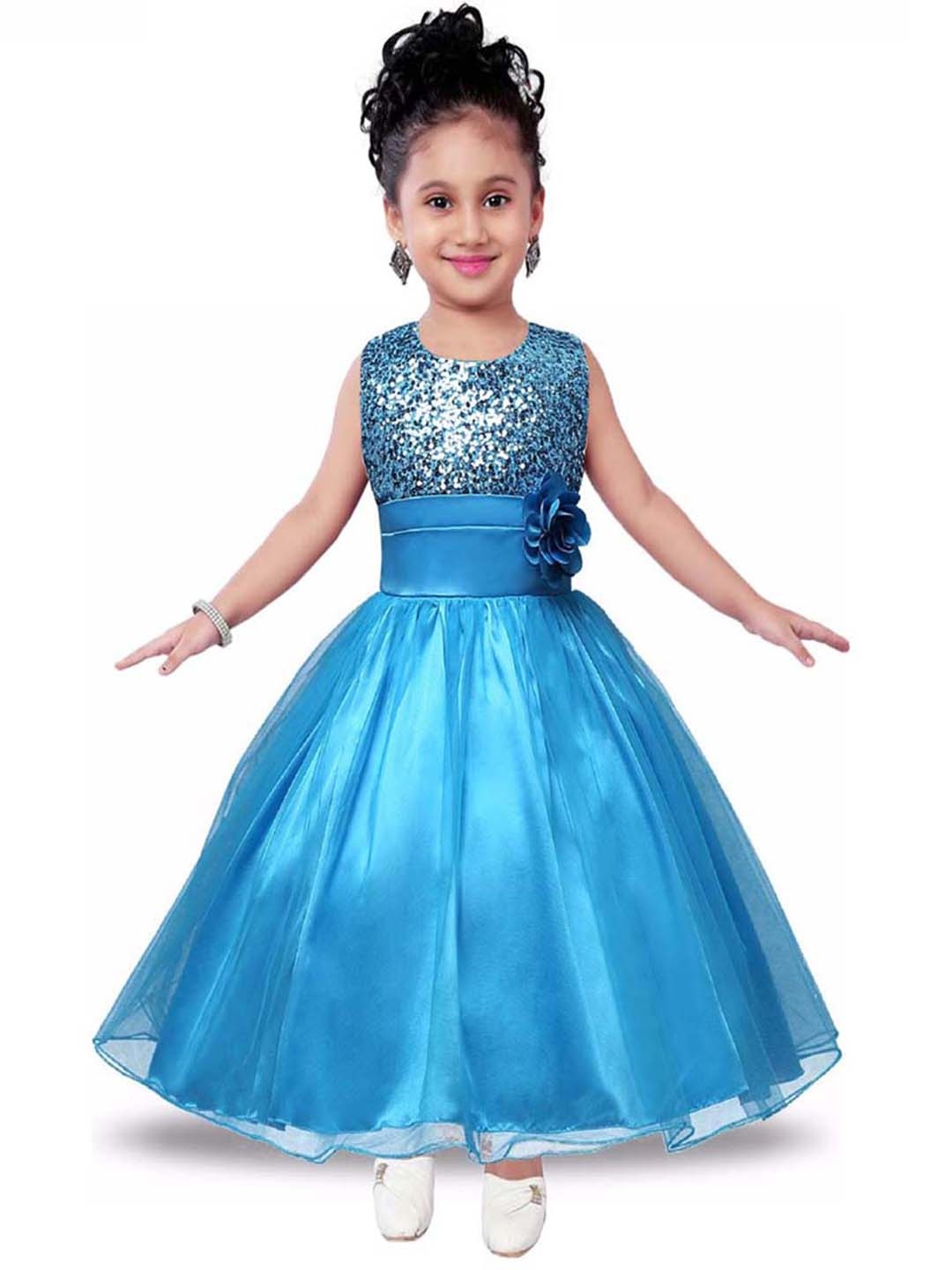 

BAESD Girls Round Neck Sleeveless Satin Fit & Flared Maxi Dress, Turquoise blue