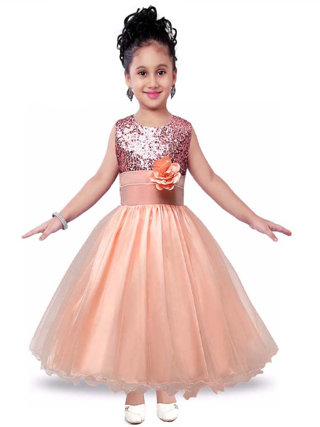 

BAESD Girls Round Neck Sleeveless Embellished Satin Maxi Dress, Peach