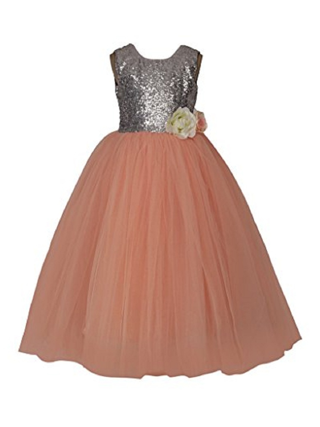 

BAESD Girls Round Neck Sleeveless Embellished Satin Maxi Dress, Peach
