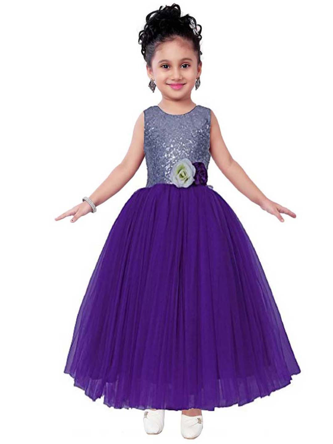

BAESD Gilrs Self Design Embellished Maxi Flared Dress, Blue