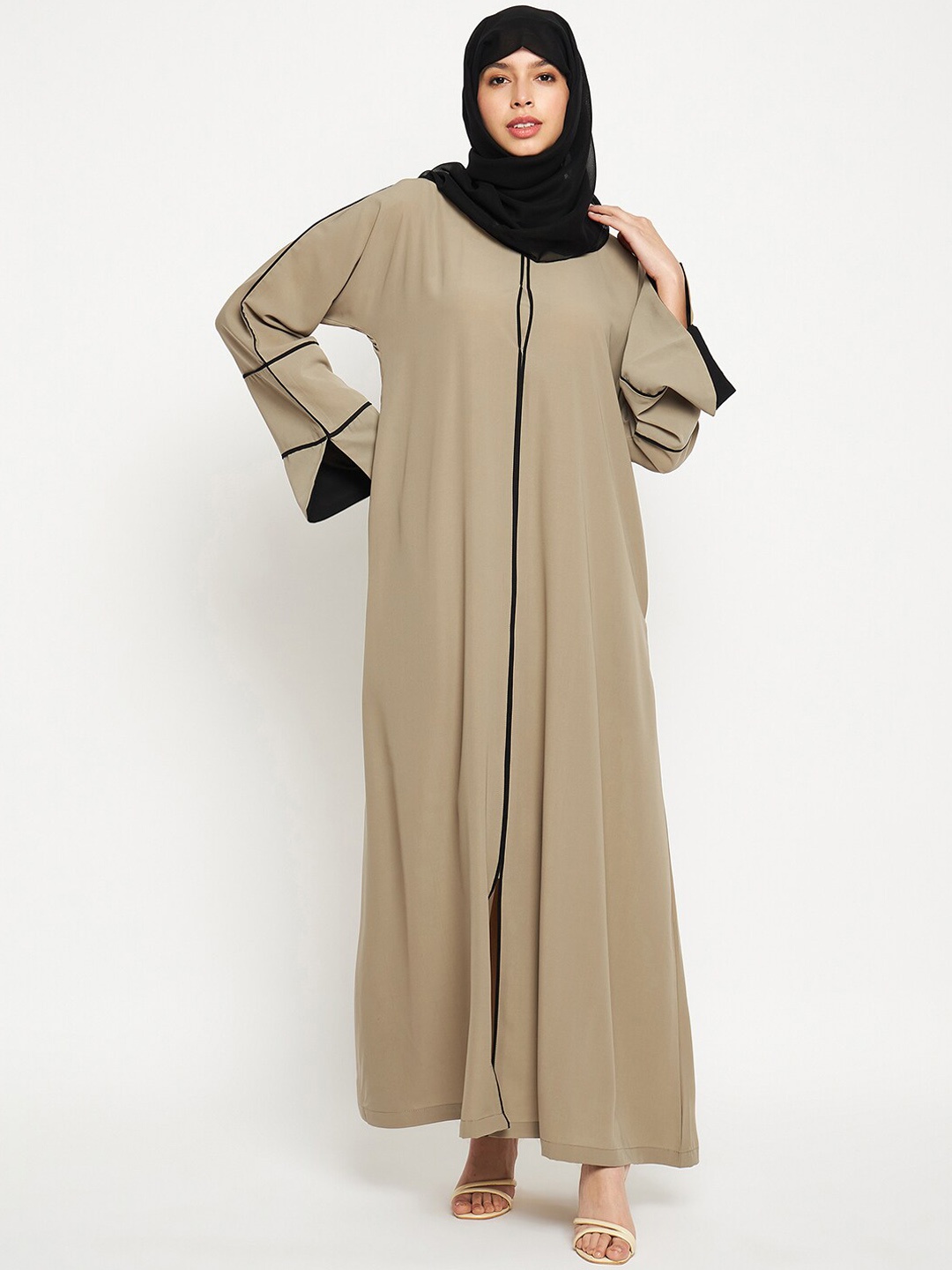 

NABIA Women Solid A-line Abaya Burqa With Black Piping Design, Beige