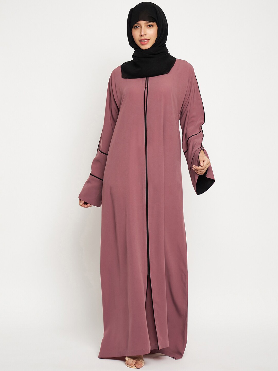 

NABIA A-Line Abaya Burqa With Black Piping Detail, Pink