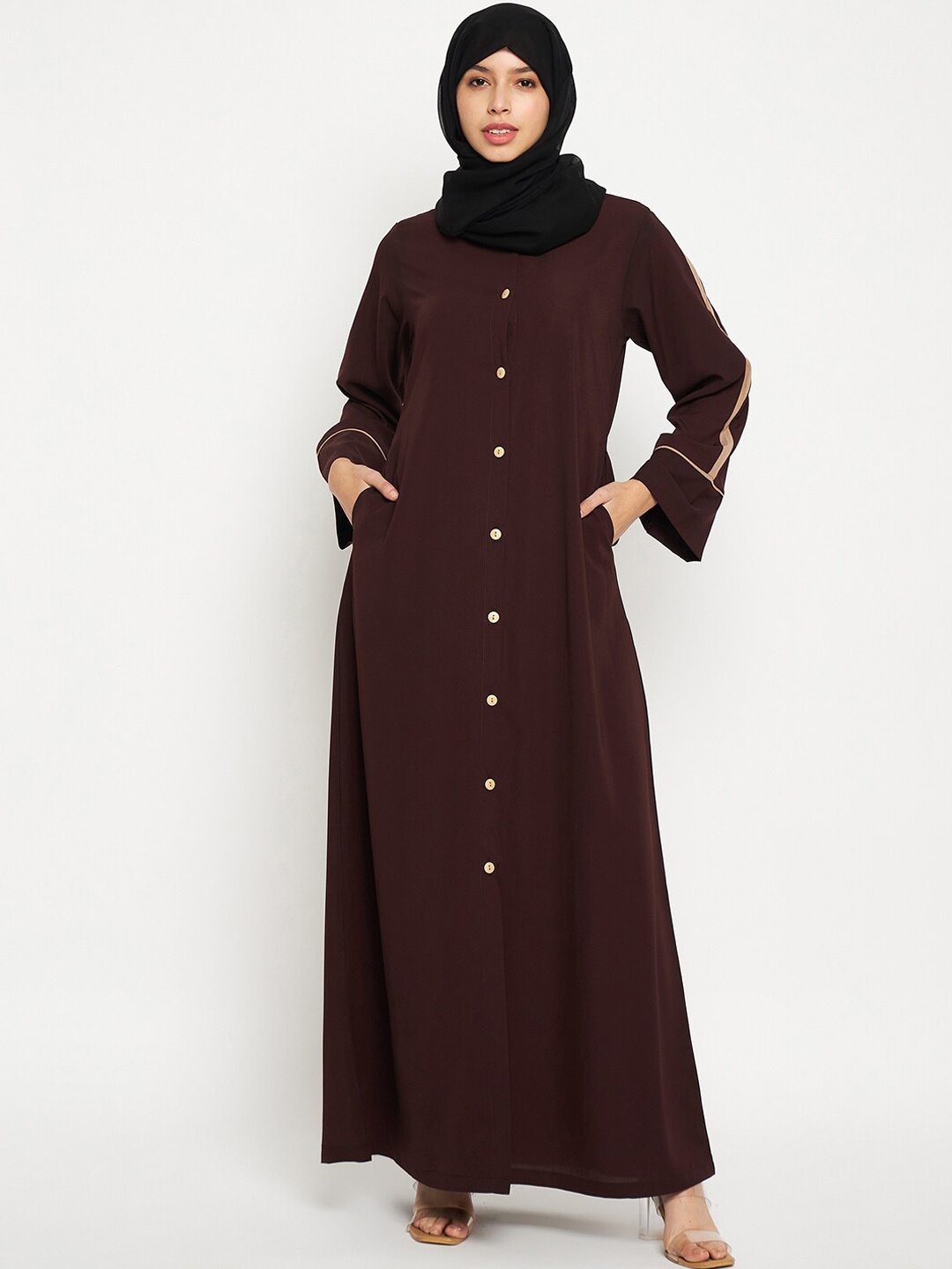 

NABIA Front Open Solid Abaya Burqa With Beige Piping, Brown