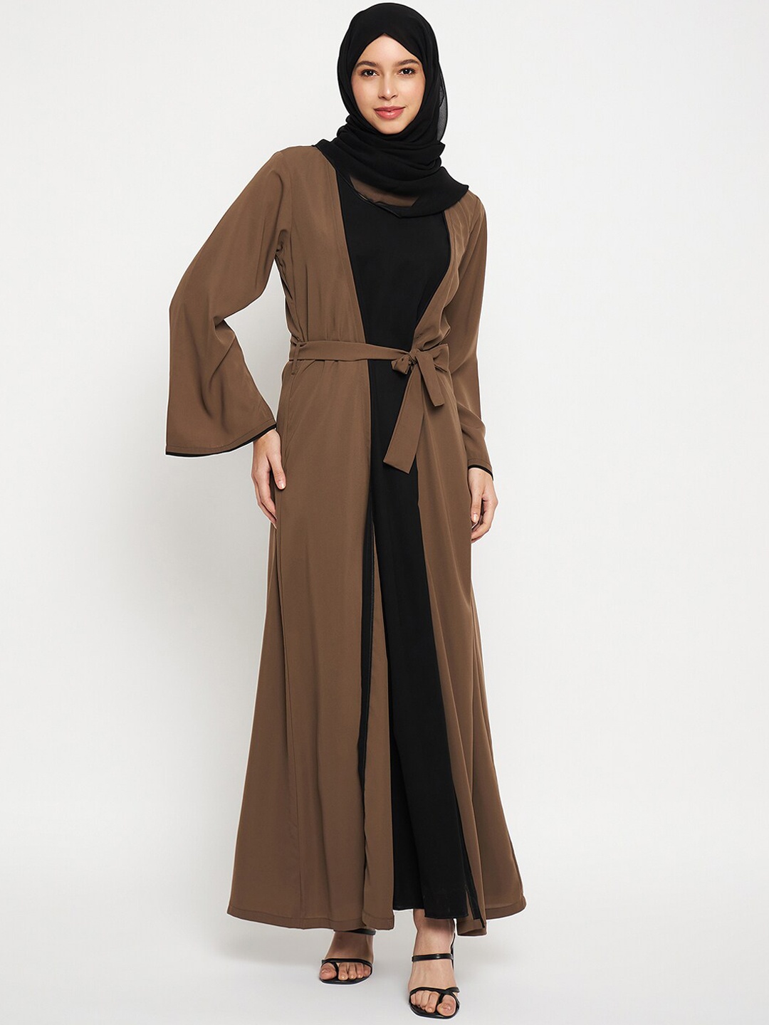 

NABIA Front Open Loose Fit Shrug Abaya Burqa With Belt, Beige