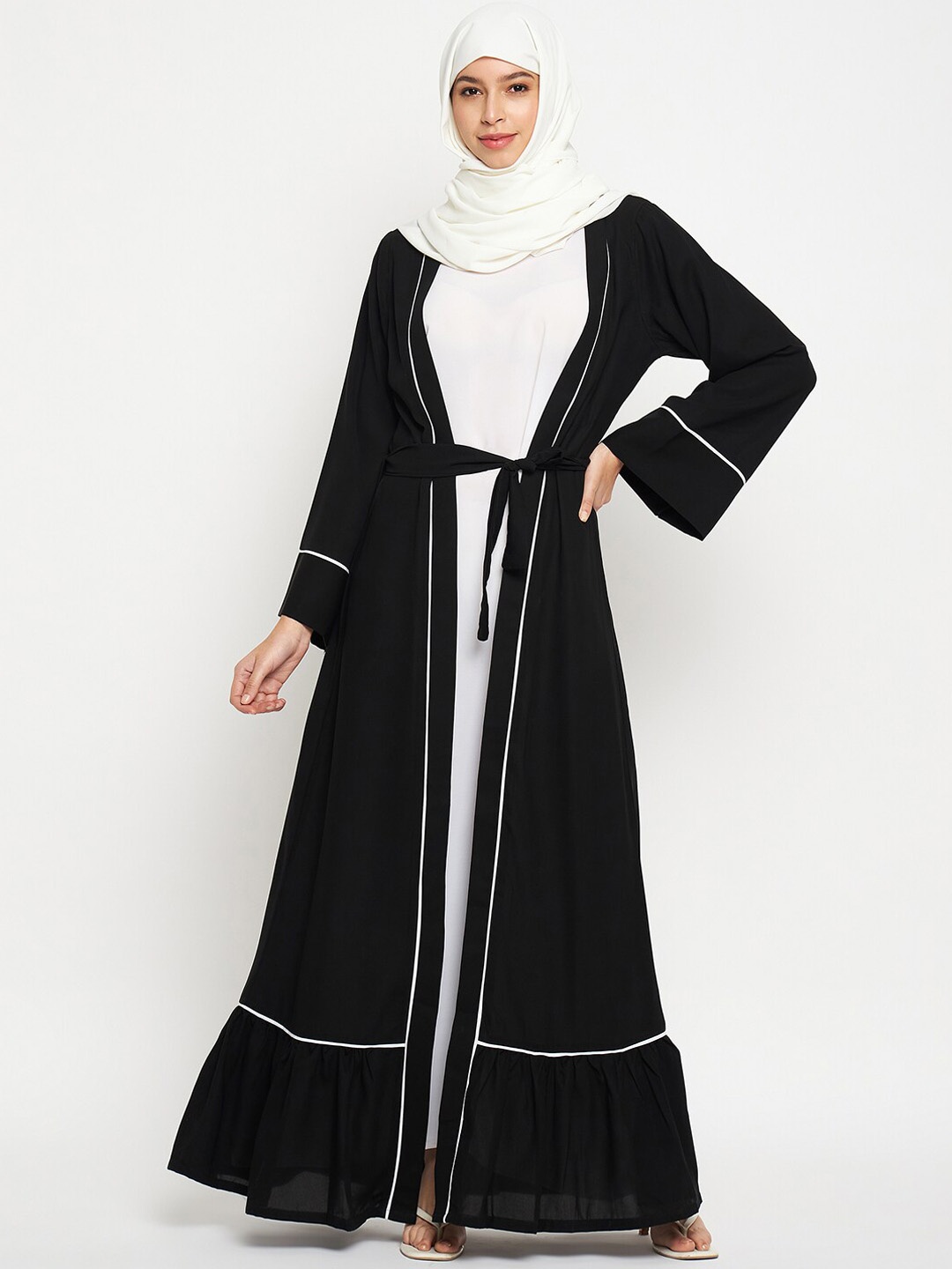 

NABIA Front Open Shrug Abaya Burqa With Piping & Belt, Black