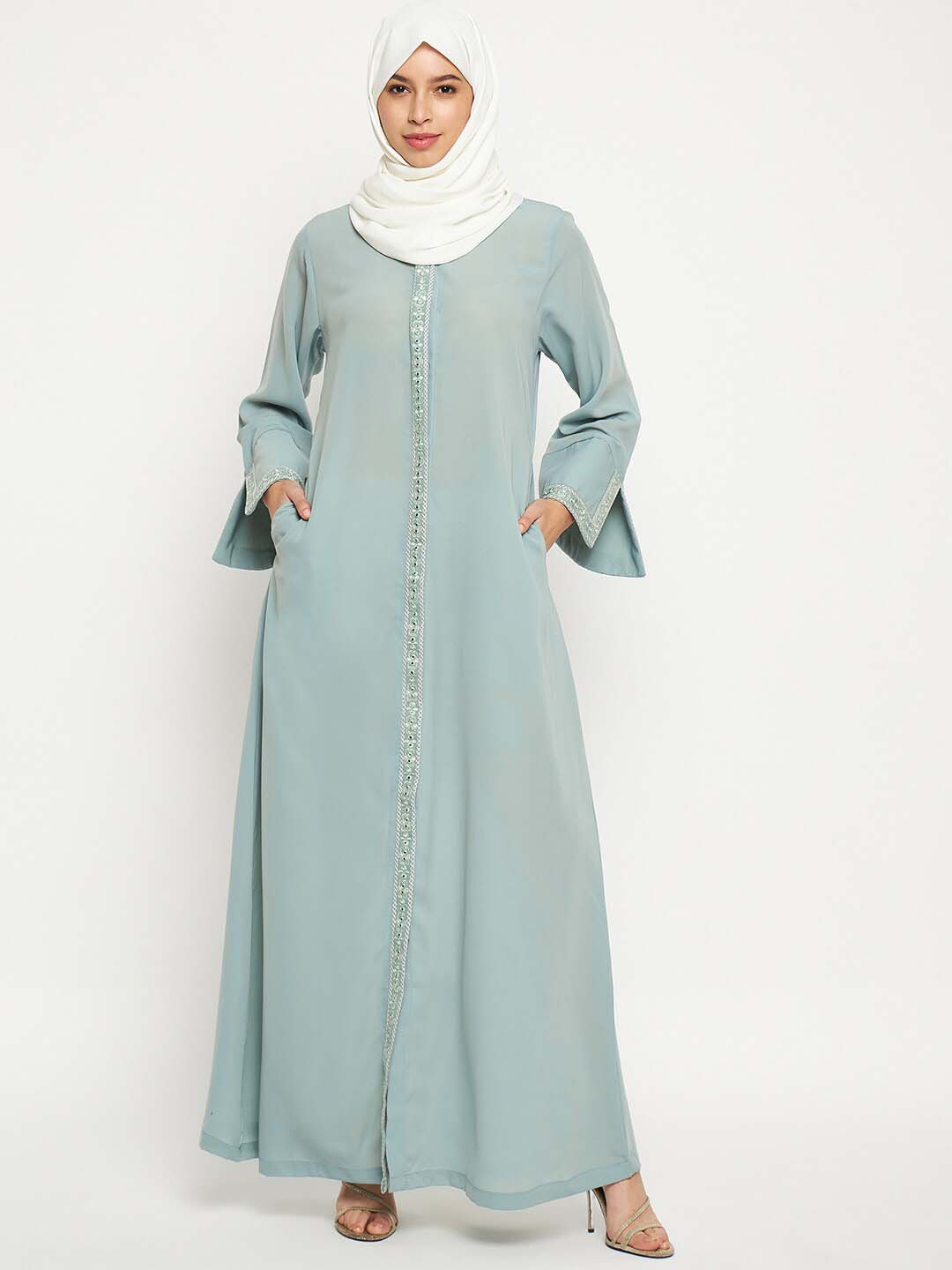 

NABIA Embroidered Abaya Burqa With Side Pockets, Sea green