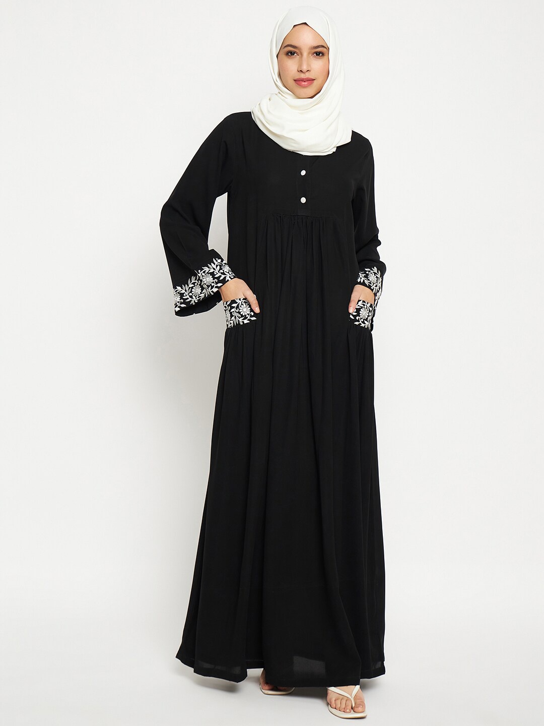 

NABIA Embroidery Work Solid Women Abaya Burqa With Side Pockets, Black