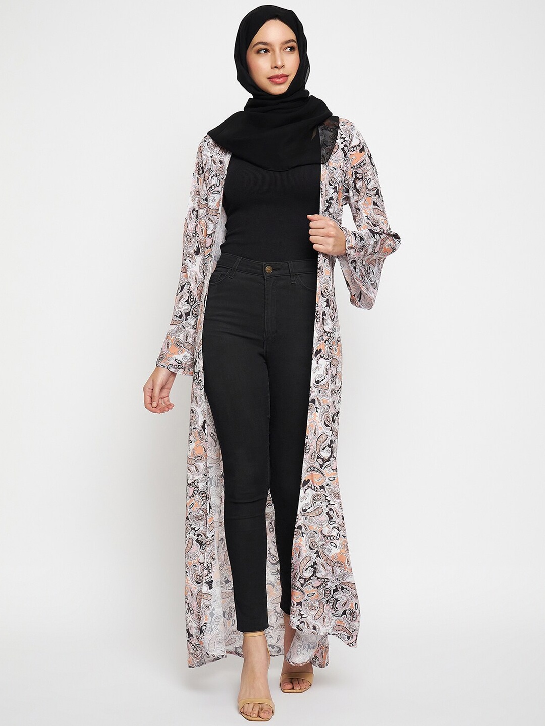 

NABIA Front Open Loose Fit Printed Shrug Abaya Burqa For Women, White